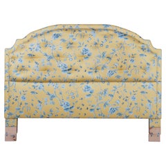 Vintage Yellow & Blue Chintz Upholstered Serpentine Tufted King Size Headboard