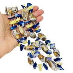 Vintage yellow blue seashells massive long beaded designer necklace