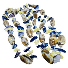 Vintage yellow blue seashells massive long beaded designer necklace