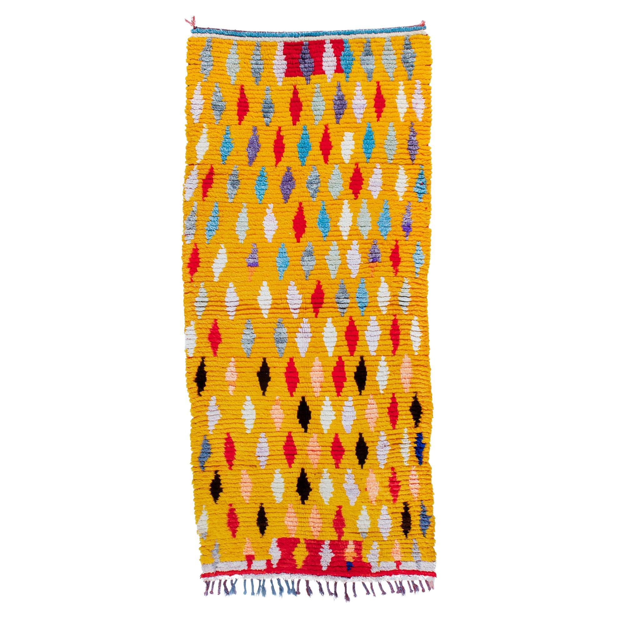 Vintage Yellow Boucharouite rug 1980's, Moroccan Diamond Pattern Rug In Stock