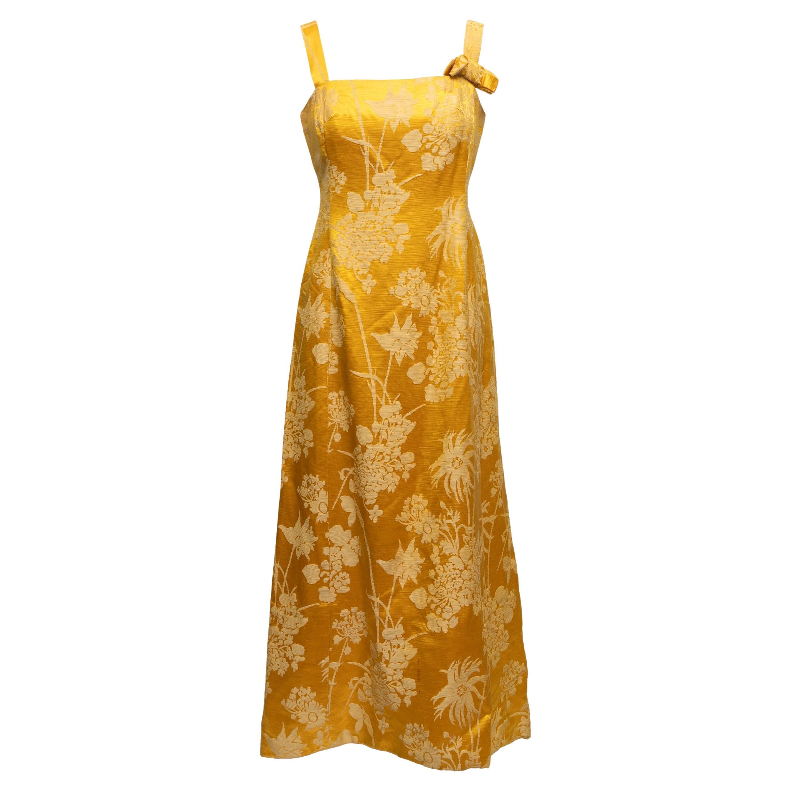 Vintage Yellow Branell Floral Jacquard Gown Size US M/L For Sale