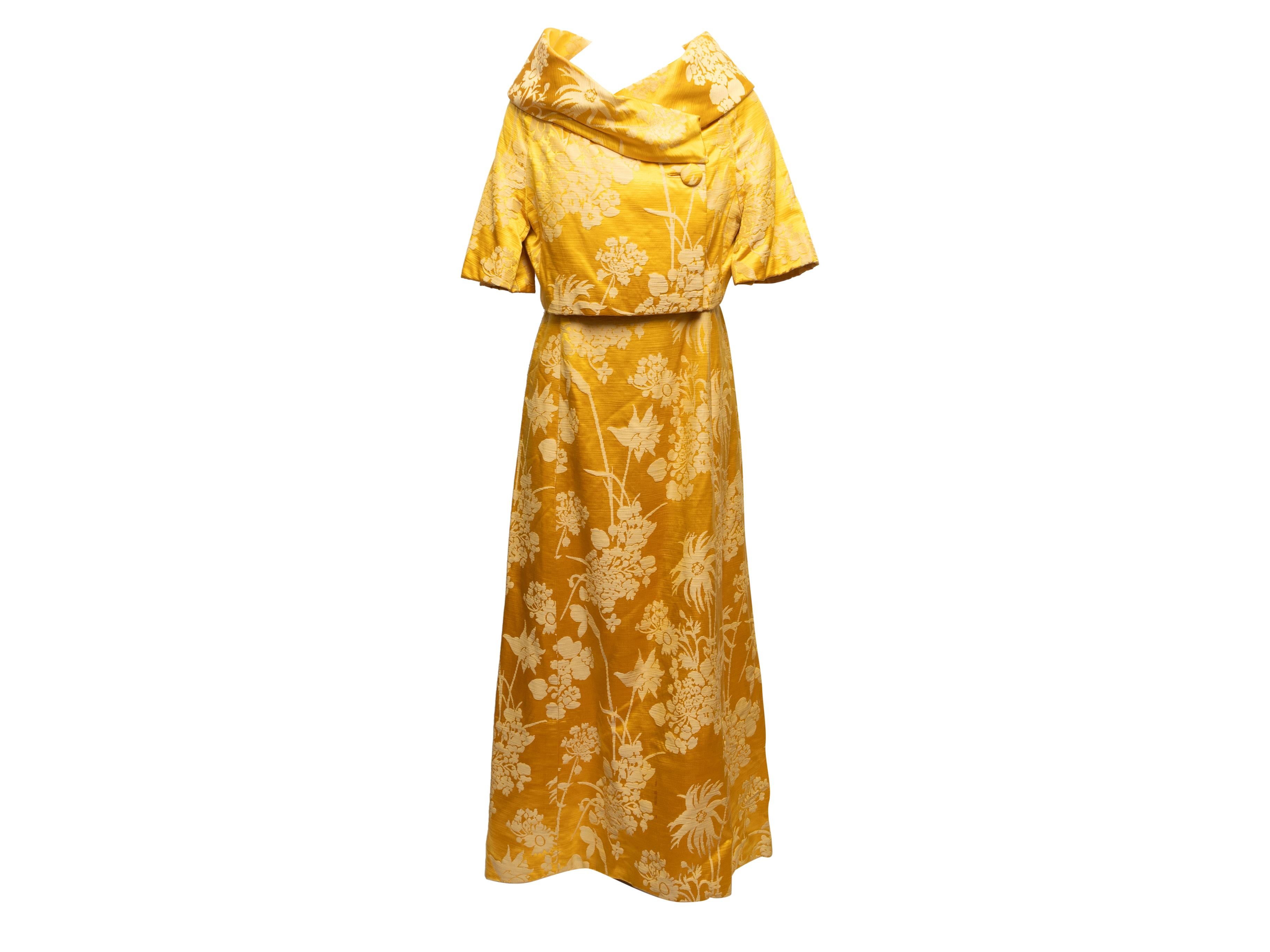 Vintage yellow floral jacquard bolero by Branell. Shawl collar. Short sleeves. Single button closure. 48