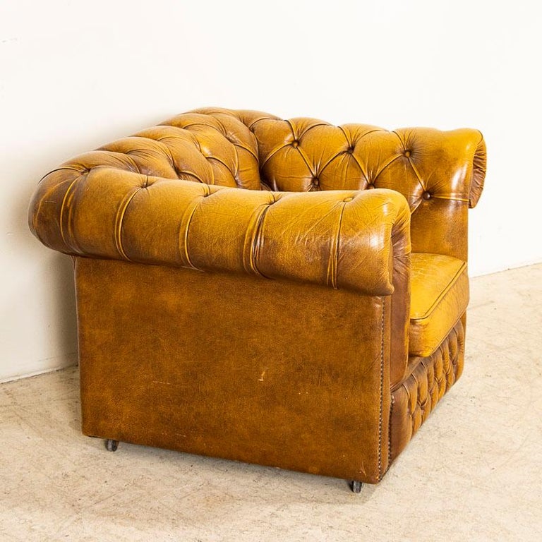 20th Century Vintage Yellow Brown Leather Chesterfield Club Chair from England
