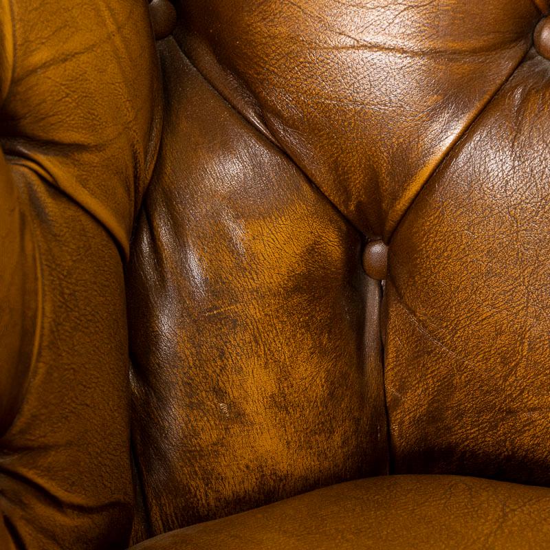 Vintage Yellow Brown Leather Chesterfield Club Chair from England In Good Condition In Round Top, TX