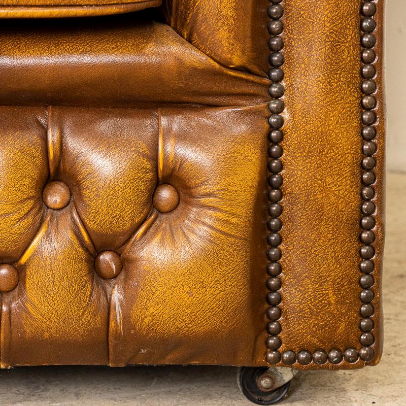Vintage Yellow Brown Leather Chesterfield Club Chair from England 1