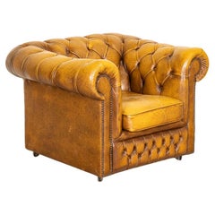Vintage Yellow Brown Leather Chesterfield Club Chair from England