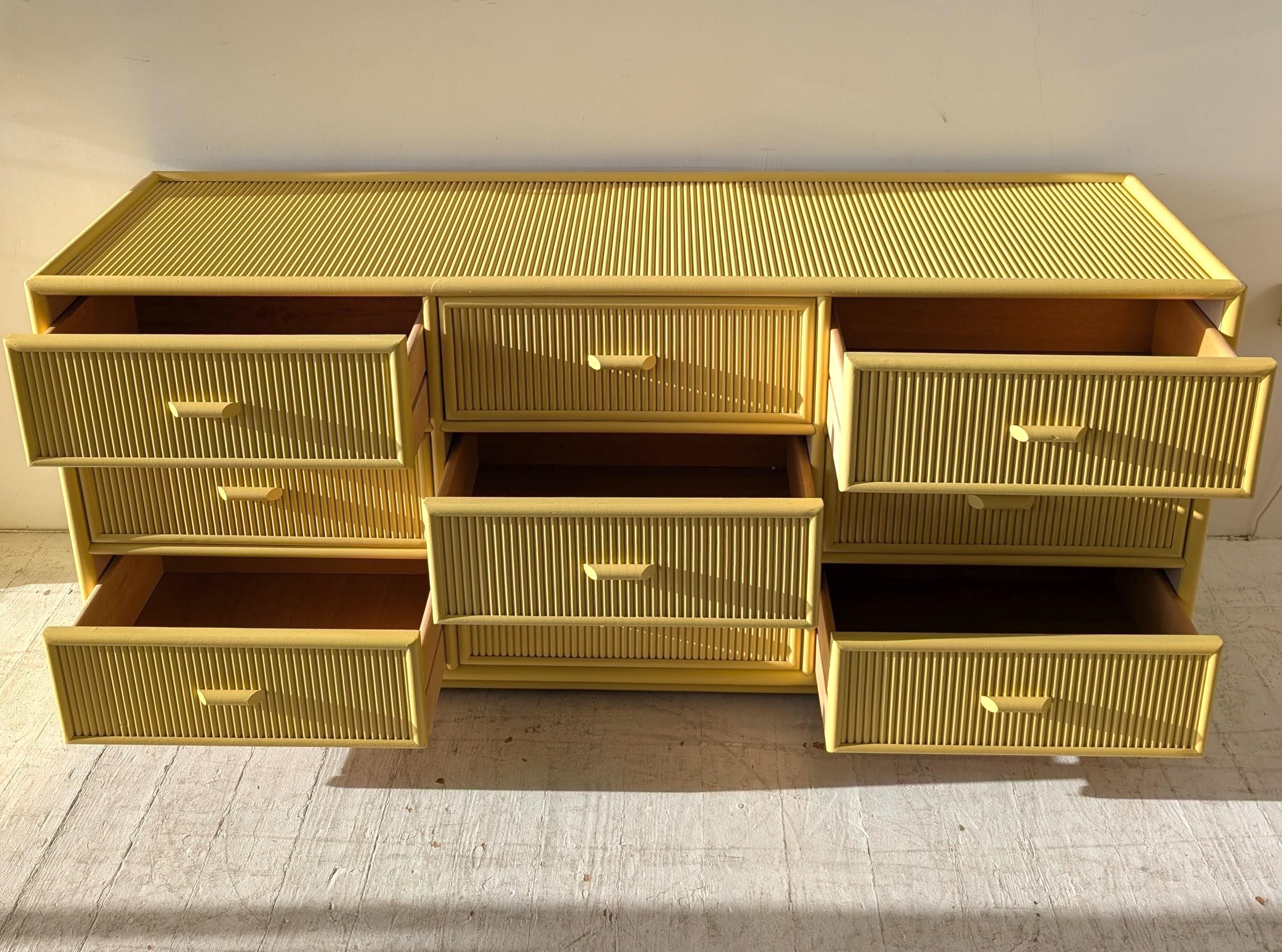 Vintage yellow cane & pencil reed sideboard with drawers / dresser, 1970s USA im Angebot 2