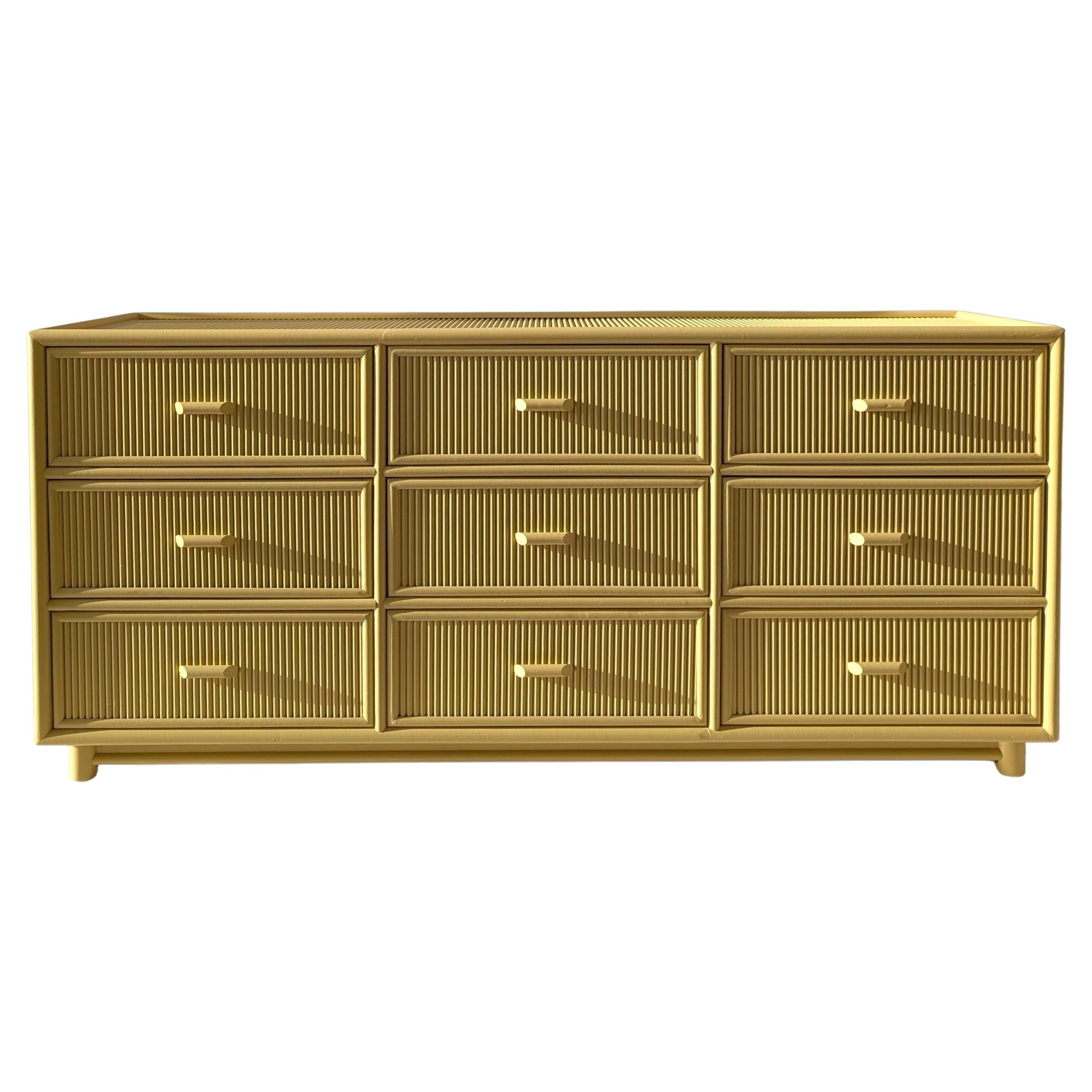 Vintage yellow cane 
pencil reed sideboard with drawers / dresser, 1970s USA im Angebot