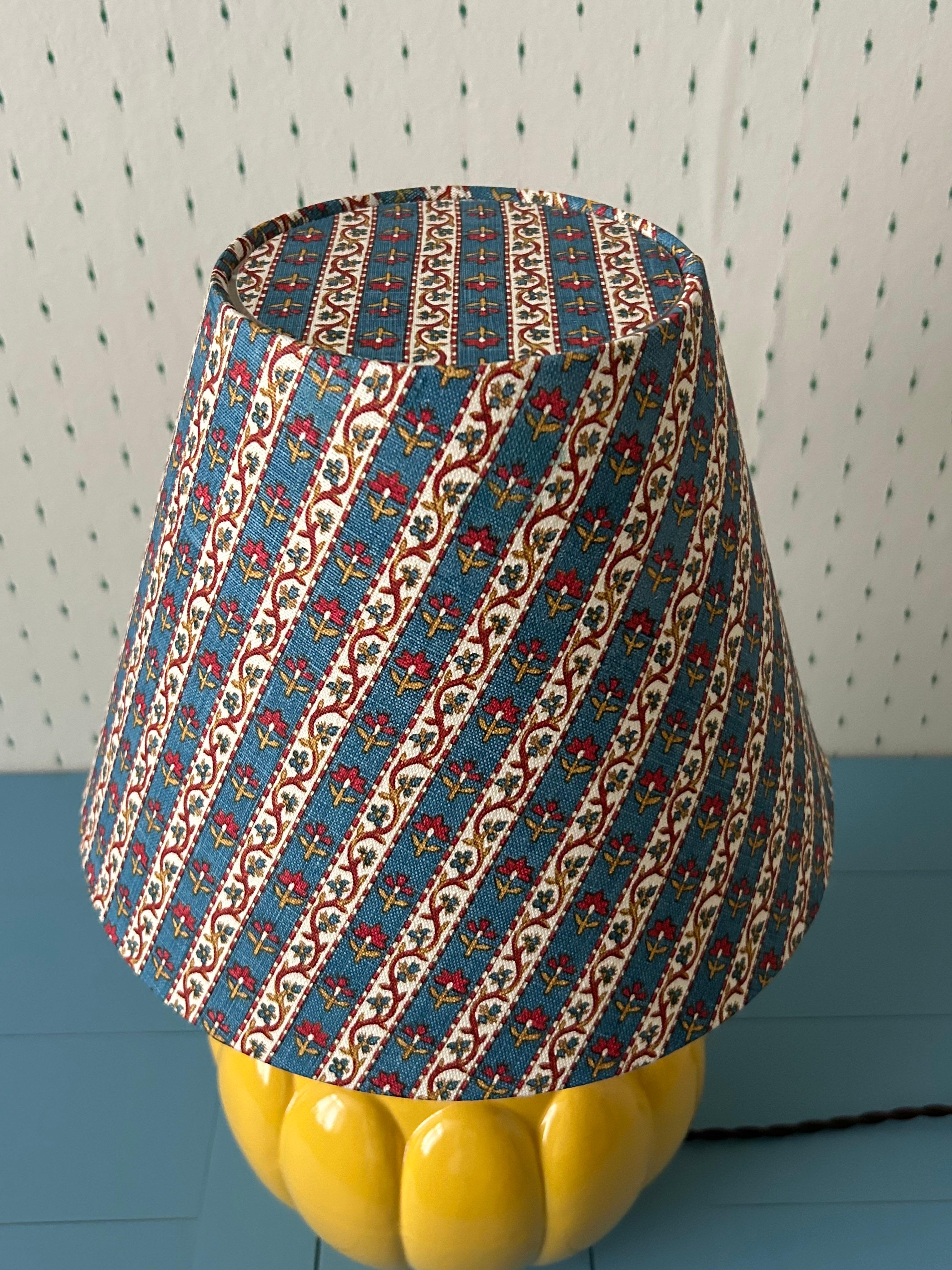 Mid-20th Century Vintage Yellow Ceramic Table Lamp with Customized Striped Shade, France, 1960s For Sale