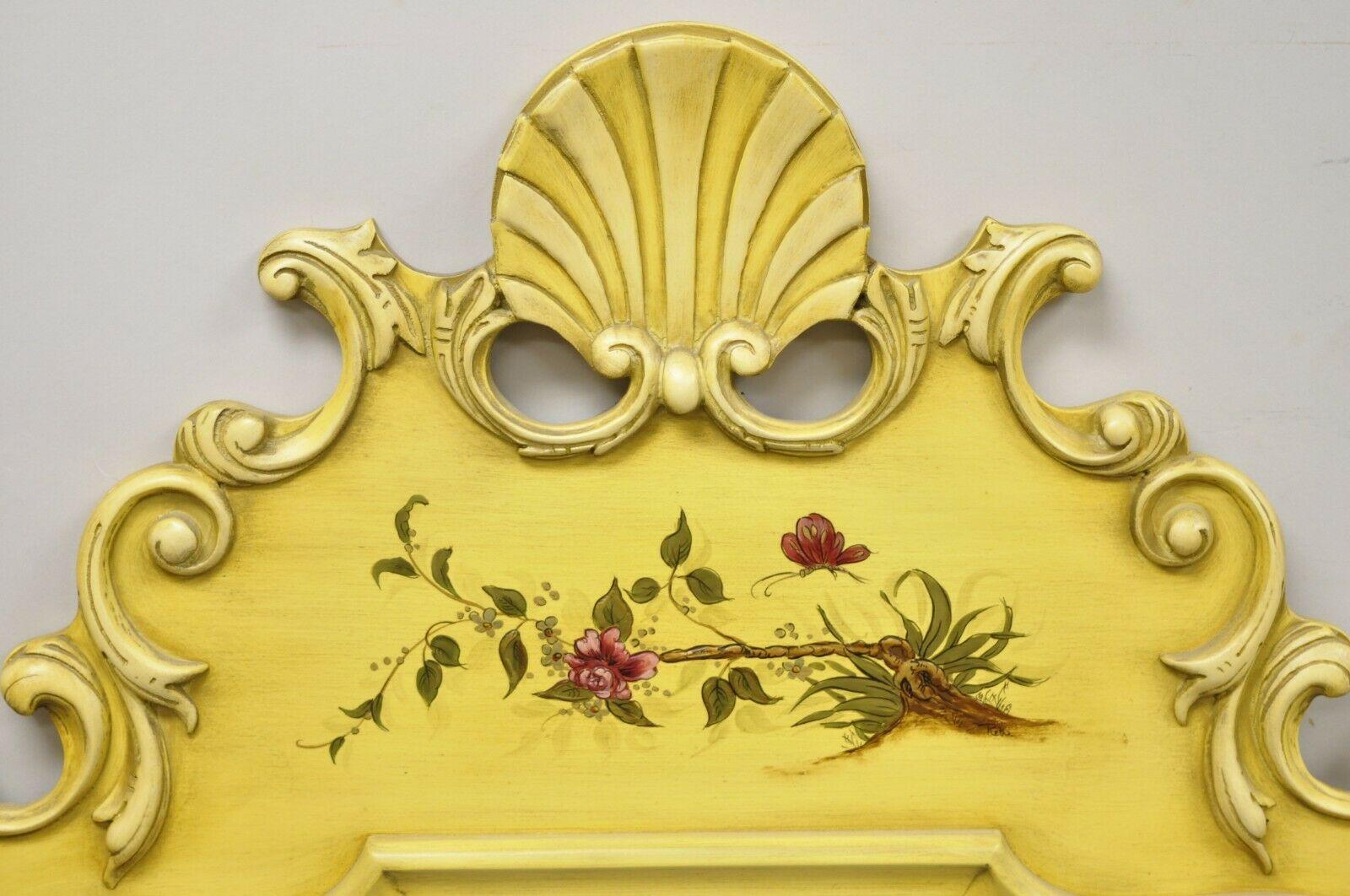 Hollywood Regency Vintage Yellow Chinoiserie Shell Carved Wall Mirror by Union National For Sale