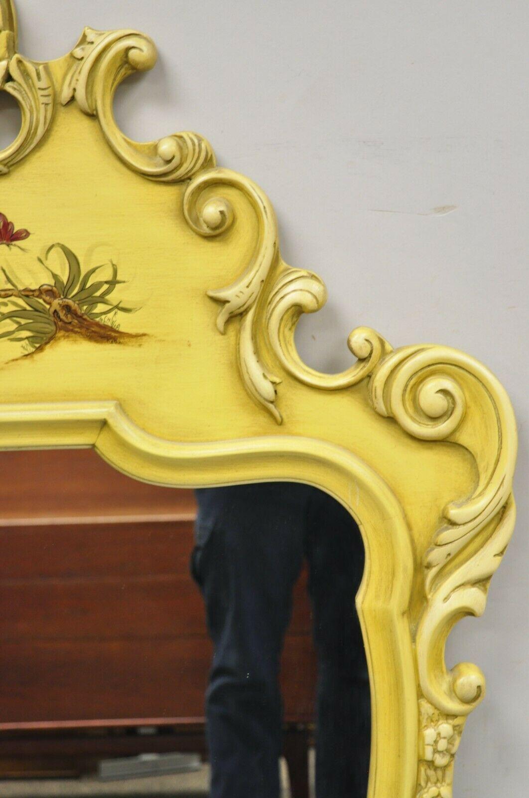 20th Century Vintage Yellow Chinoiserie Shell Carved Wall Mirror by Union National For Sale