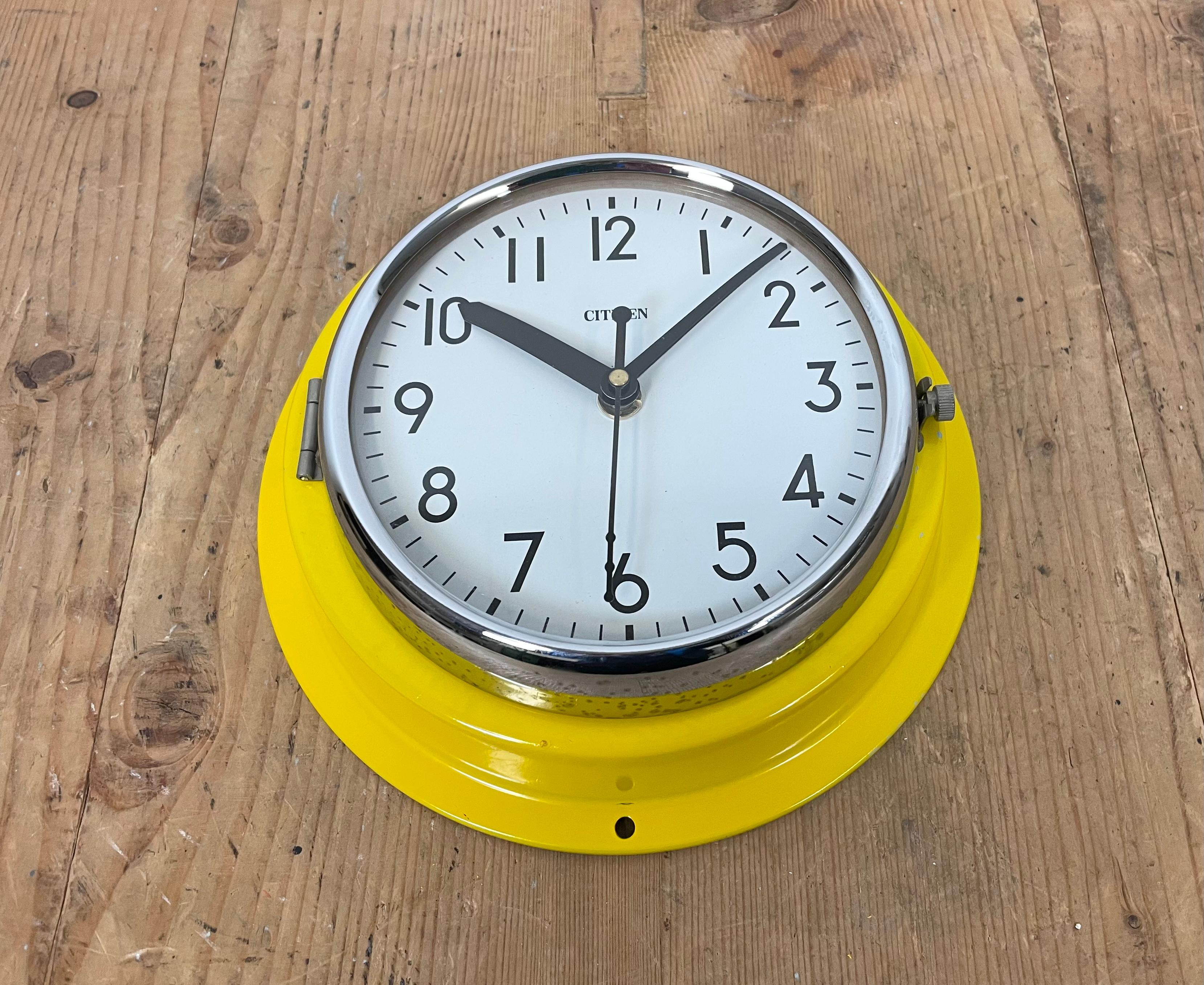 Vintage Yellow Citizen Navy Wall Clock, 1970s 1