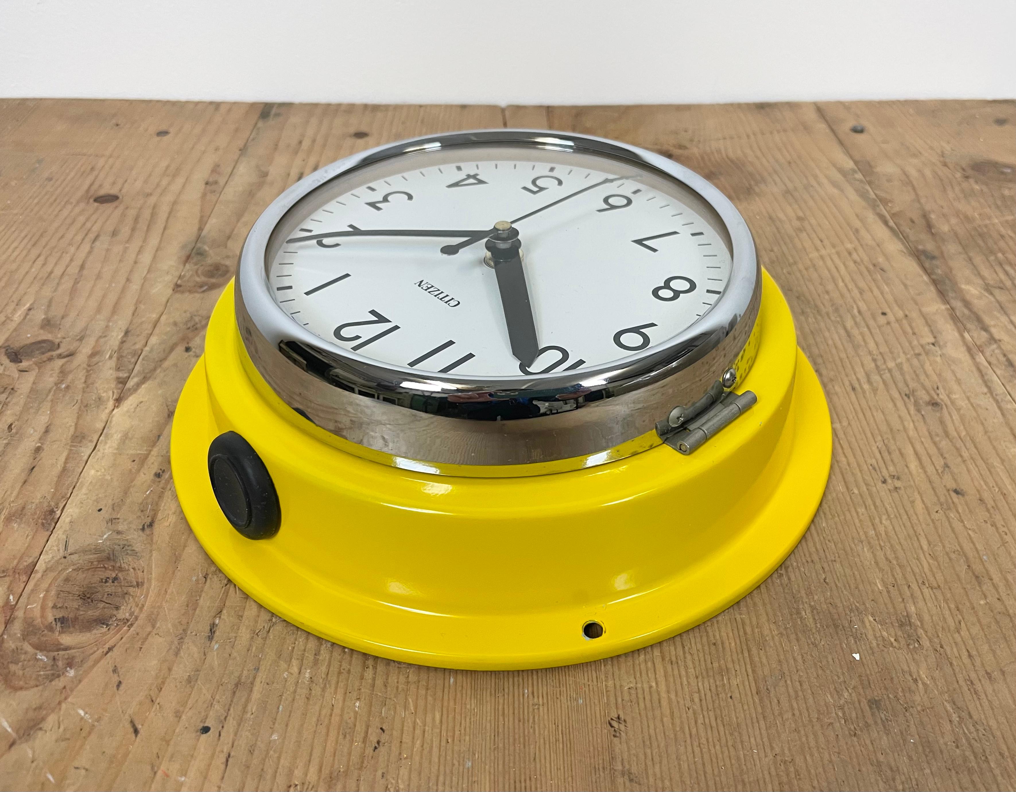 Vintage Yellow Citizen Navy Wall Clock, 1970s 3