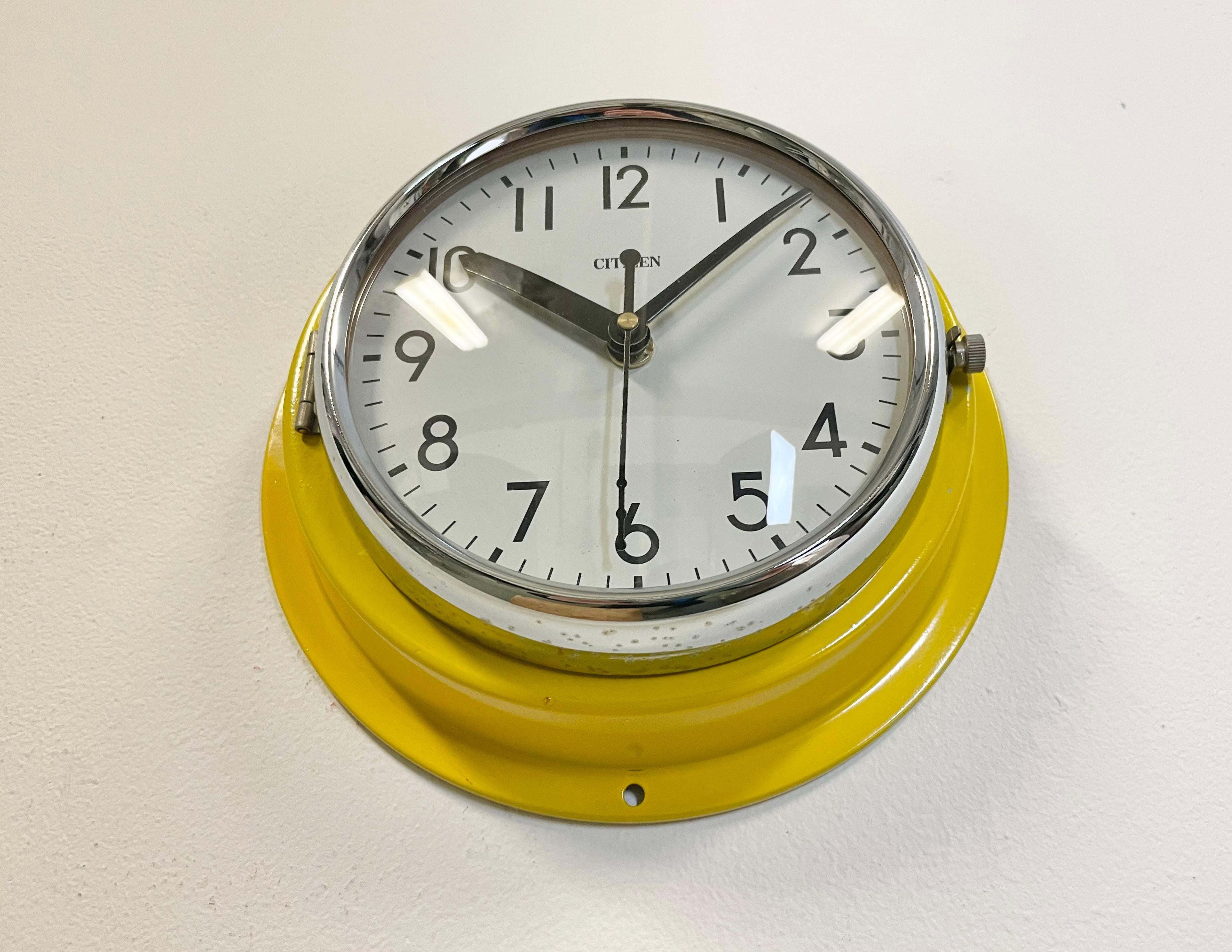 Industrial Vintage Yellow Citizen Navy Wall Clock, 1970s
