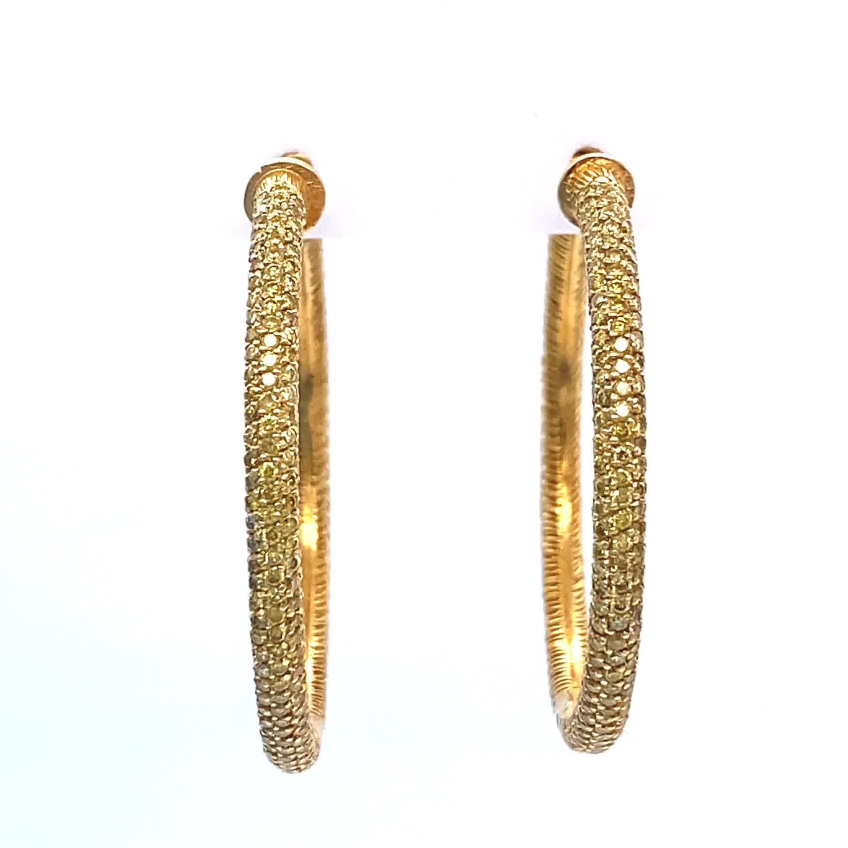 Vintage Yellow Diamond 18 Karat Gold Hoop Earrings In Excellent Condition In Beverly Hills, CA