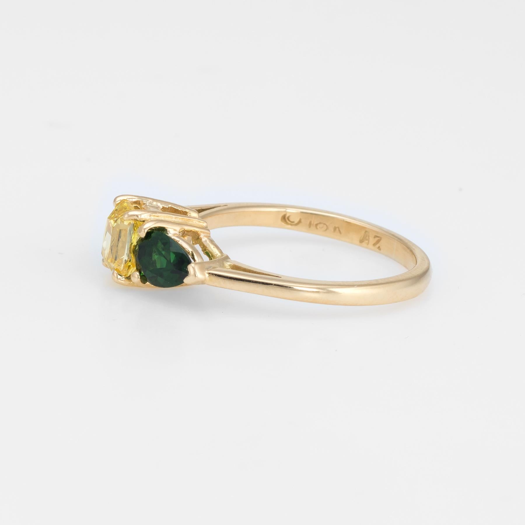 Modern Vintage Yellow Diamond Green Tourmaline Three-Stone Ring 18 Karat Gold Estate