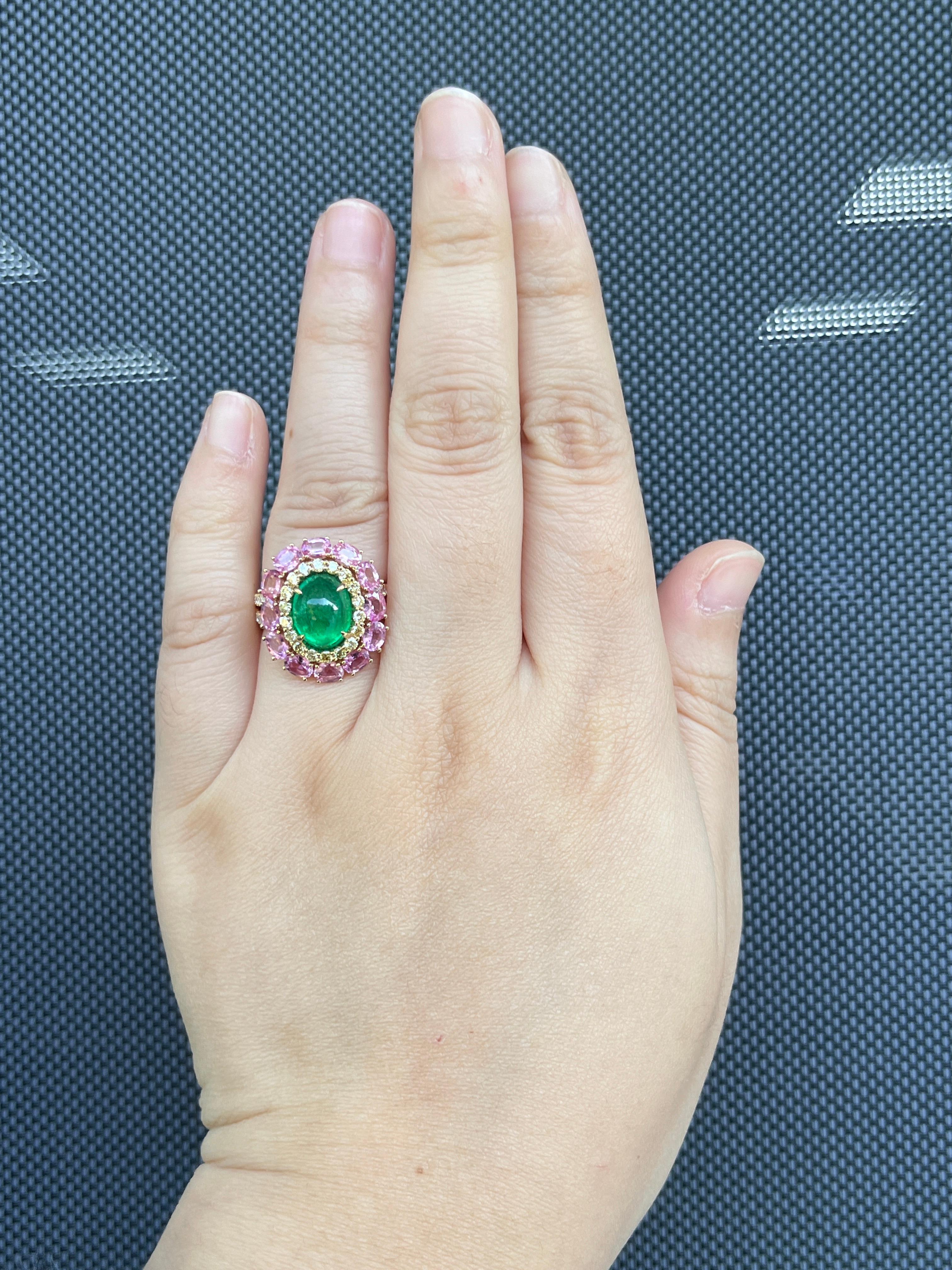 Women's Vintage 2.53Ct Emerald Ring and fancy Diamond Pink Sapphire in 18K Yellow Gold