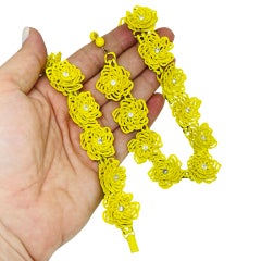 Vintage yellow enamel flowers rhinestones designer necklace bracelet set