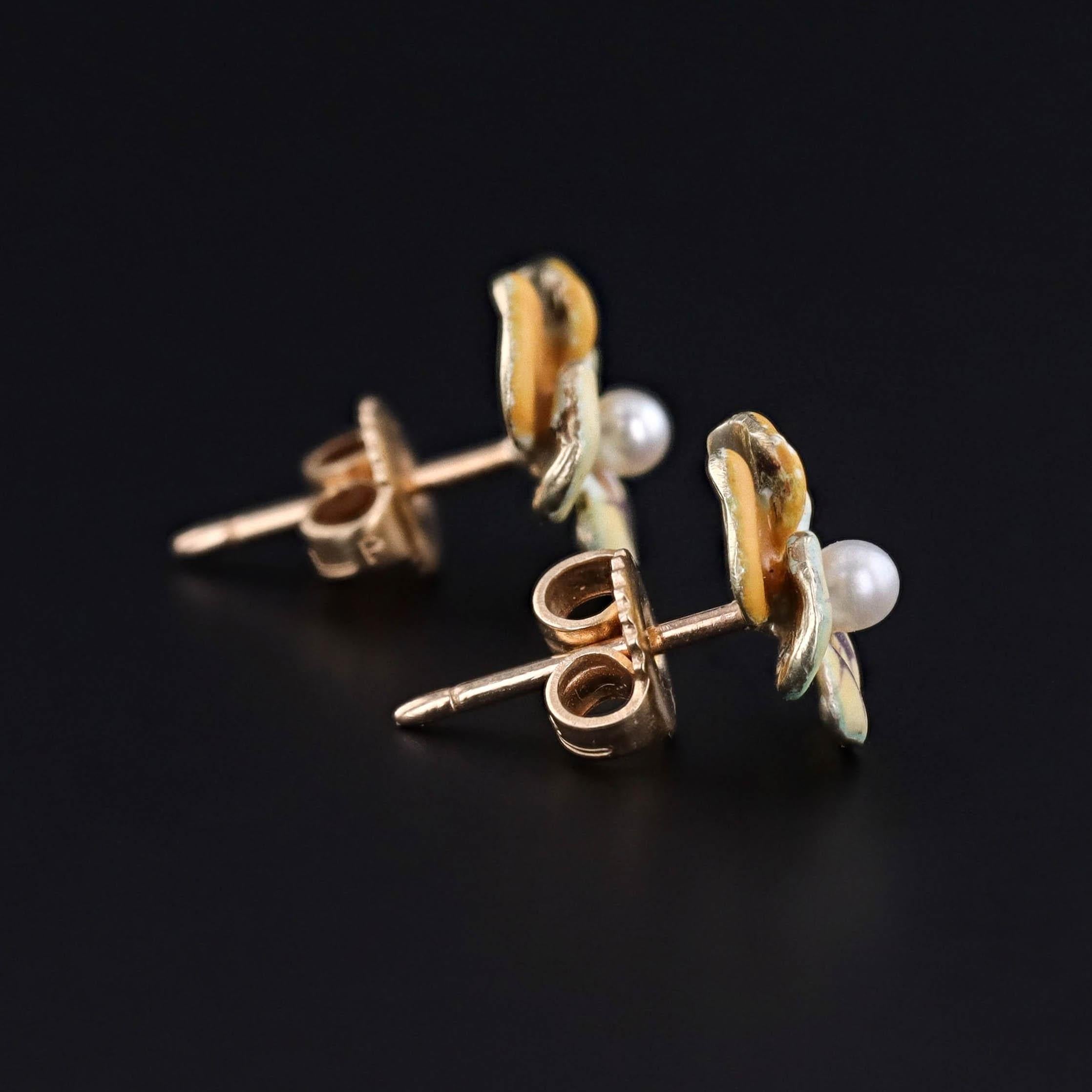 Boucles d'oreilles Pensée en émail jaune d'époque en or 14k Bon état - En vente à Lewisburg, PA