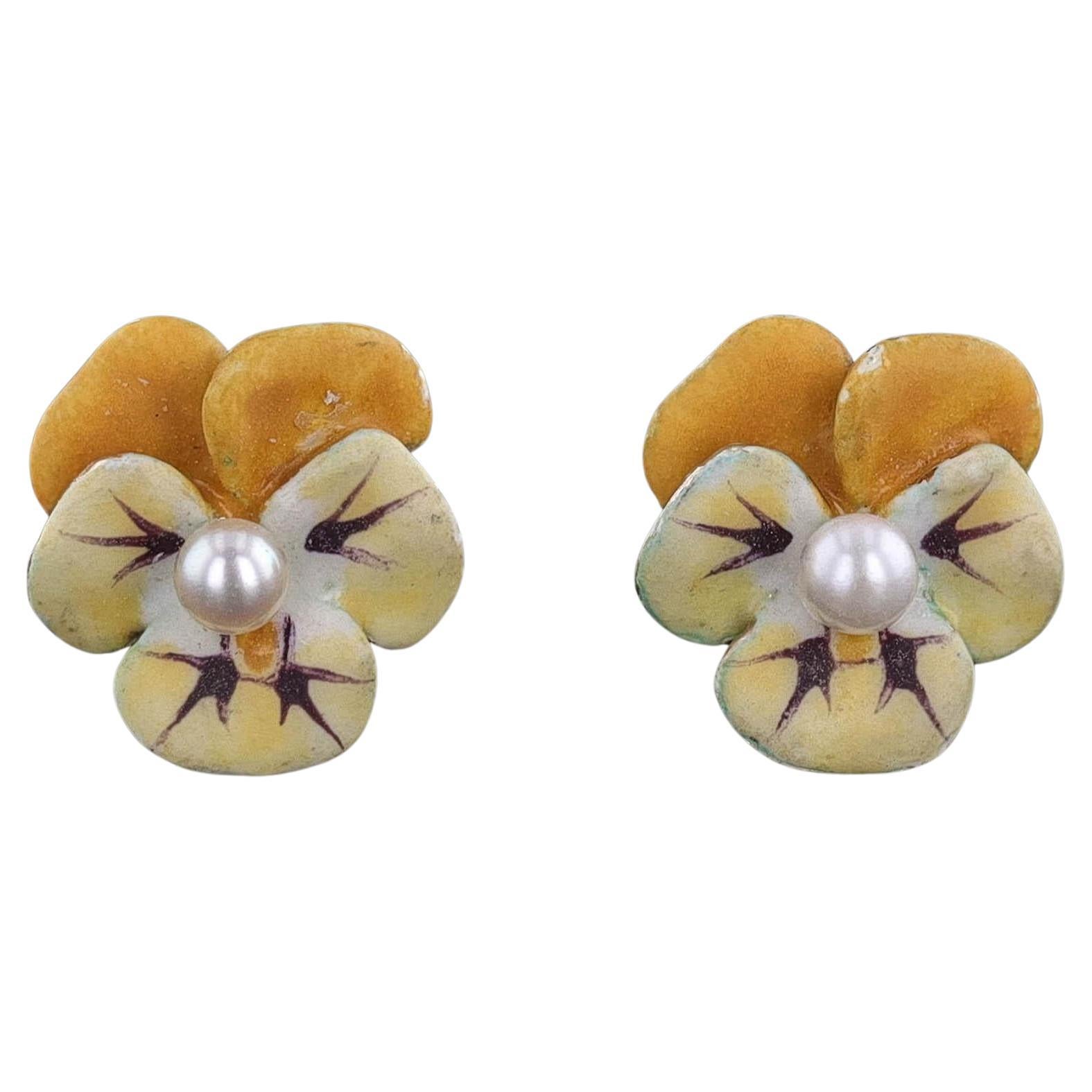 Orecchini a forma di viola del pensiero con smalto giallo d
epoca in oro 14k