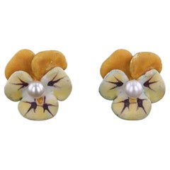 Vintage Yellow Enamel Pansy Earrings of 14k Gold