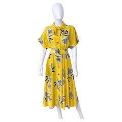 Yellow Floral Silky Viscose Cocktail Dress with Pussy Bow Size 8/10, circa 1980