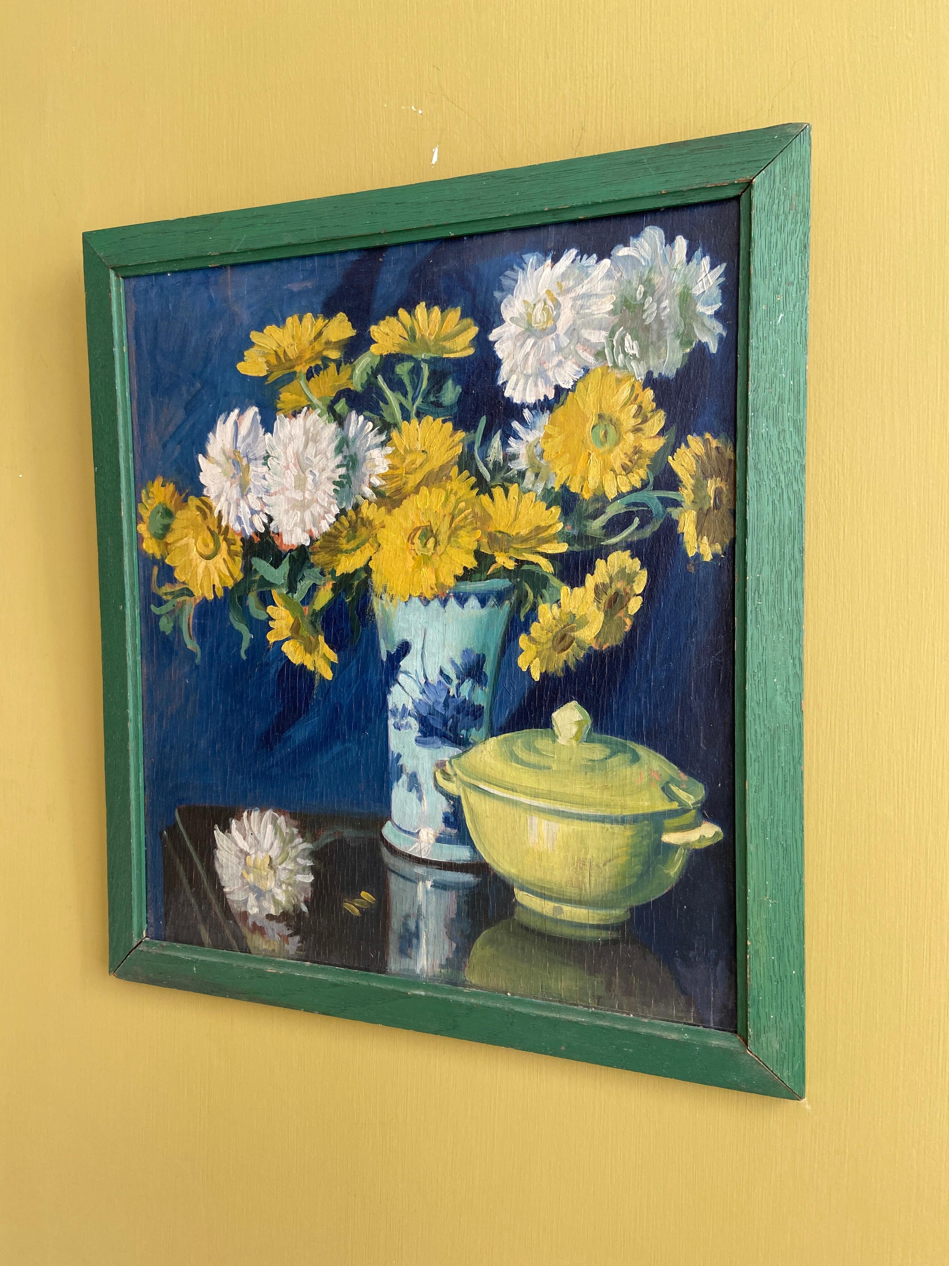 English Vintage Yellow flowers Oil on Board Painting, England Mid-20th Century