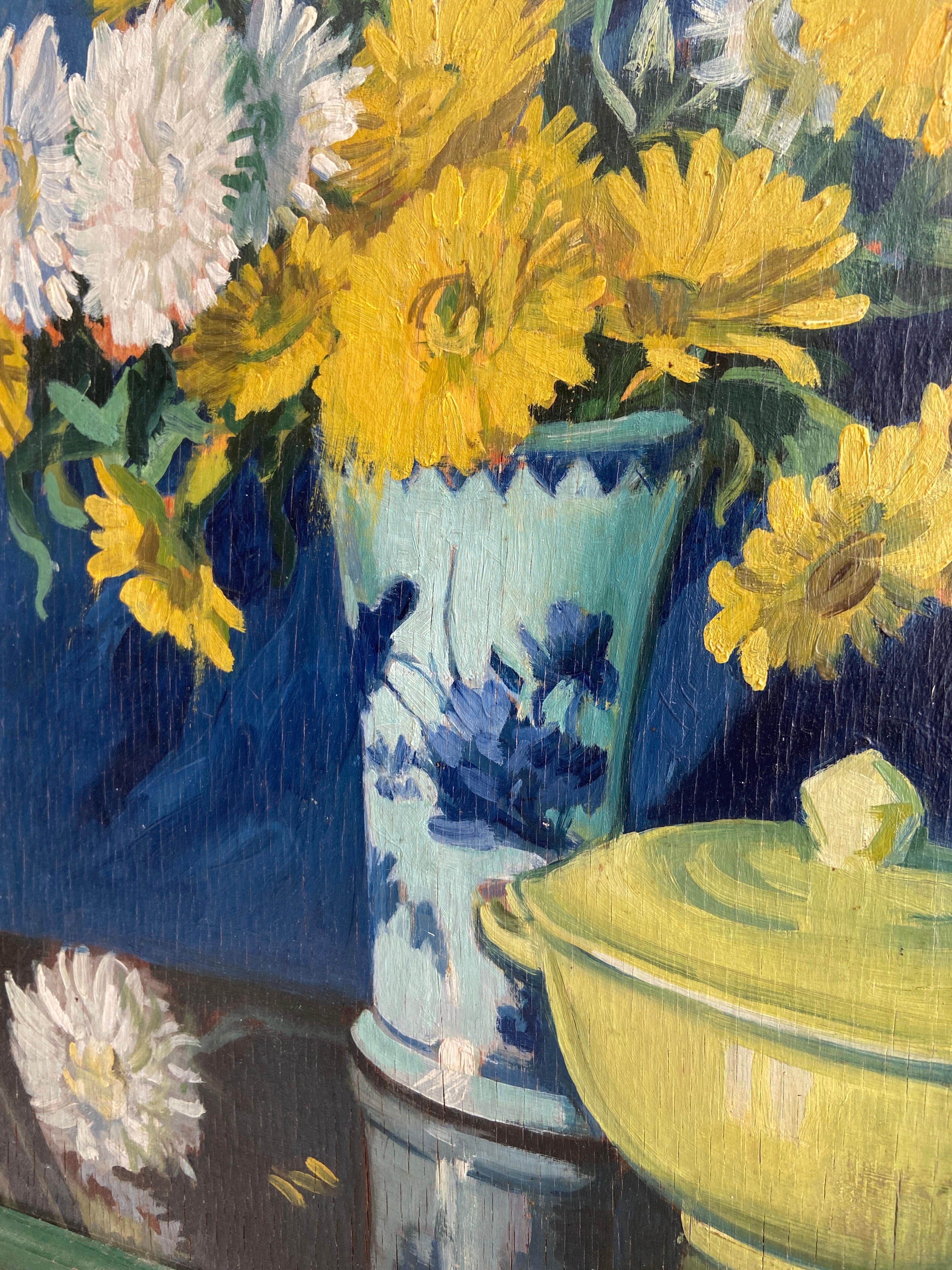 Vintage Yellow flowers Oil on Board Painting, England Mid-20th Century 2
