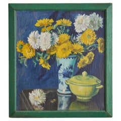 Vintage Yellow flowers Oil on Board Painting, England Mid-20th Century