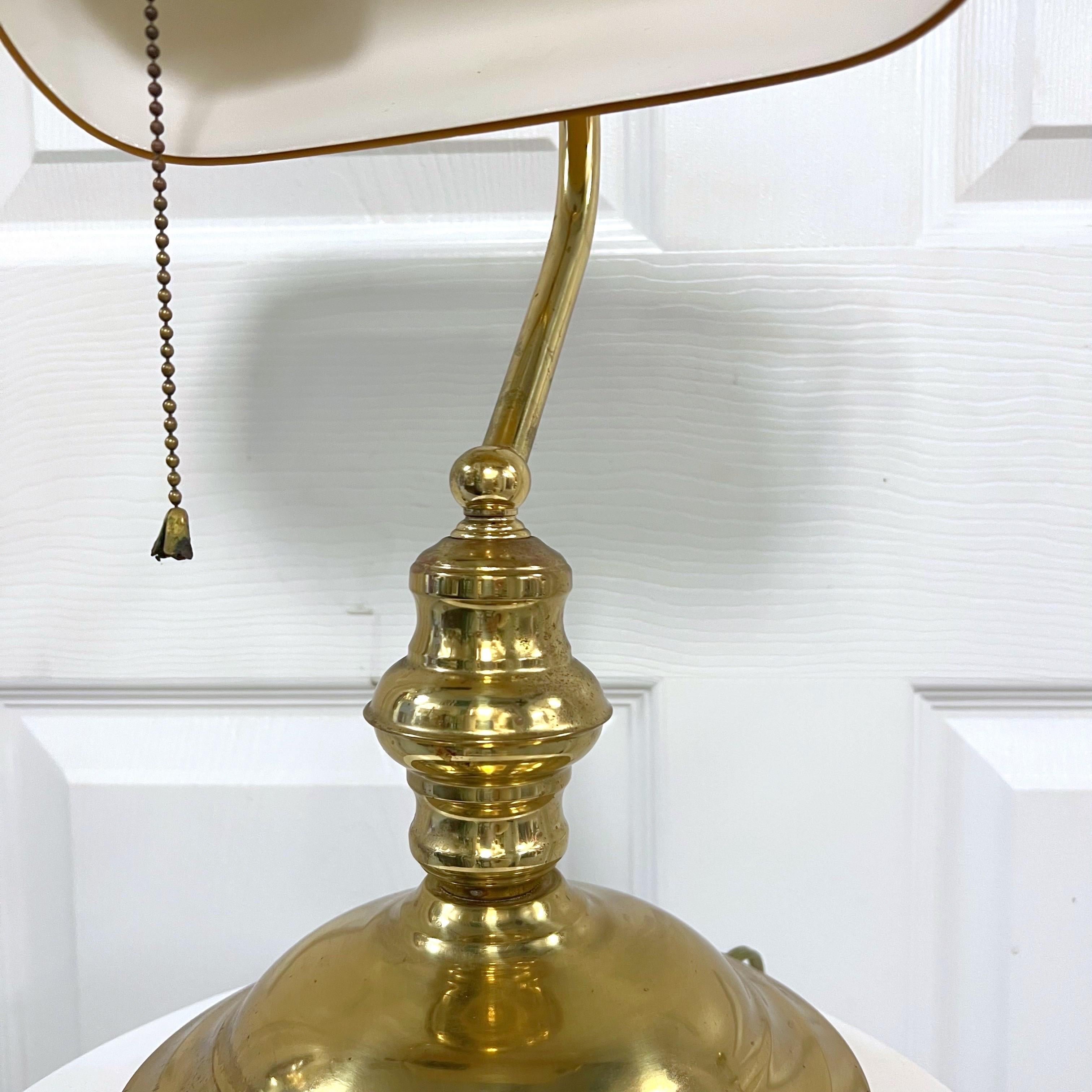 American Vintage Yellow Glass and Brass Bankers Lamp