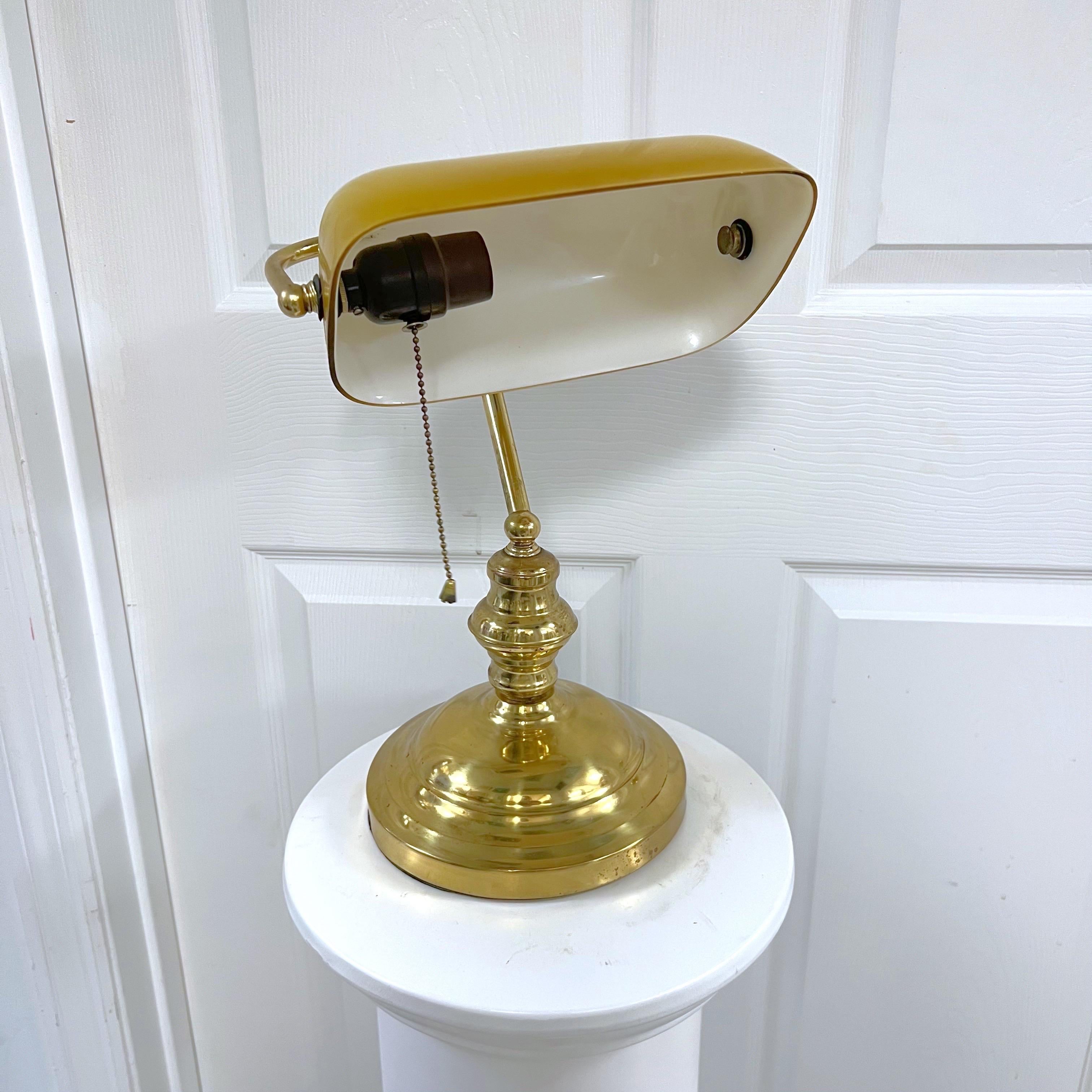 Late 20th Century Vintage Yellow Glass and Brass Bankers Lamp