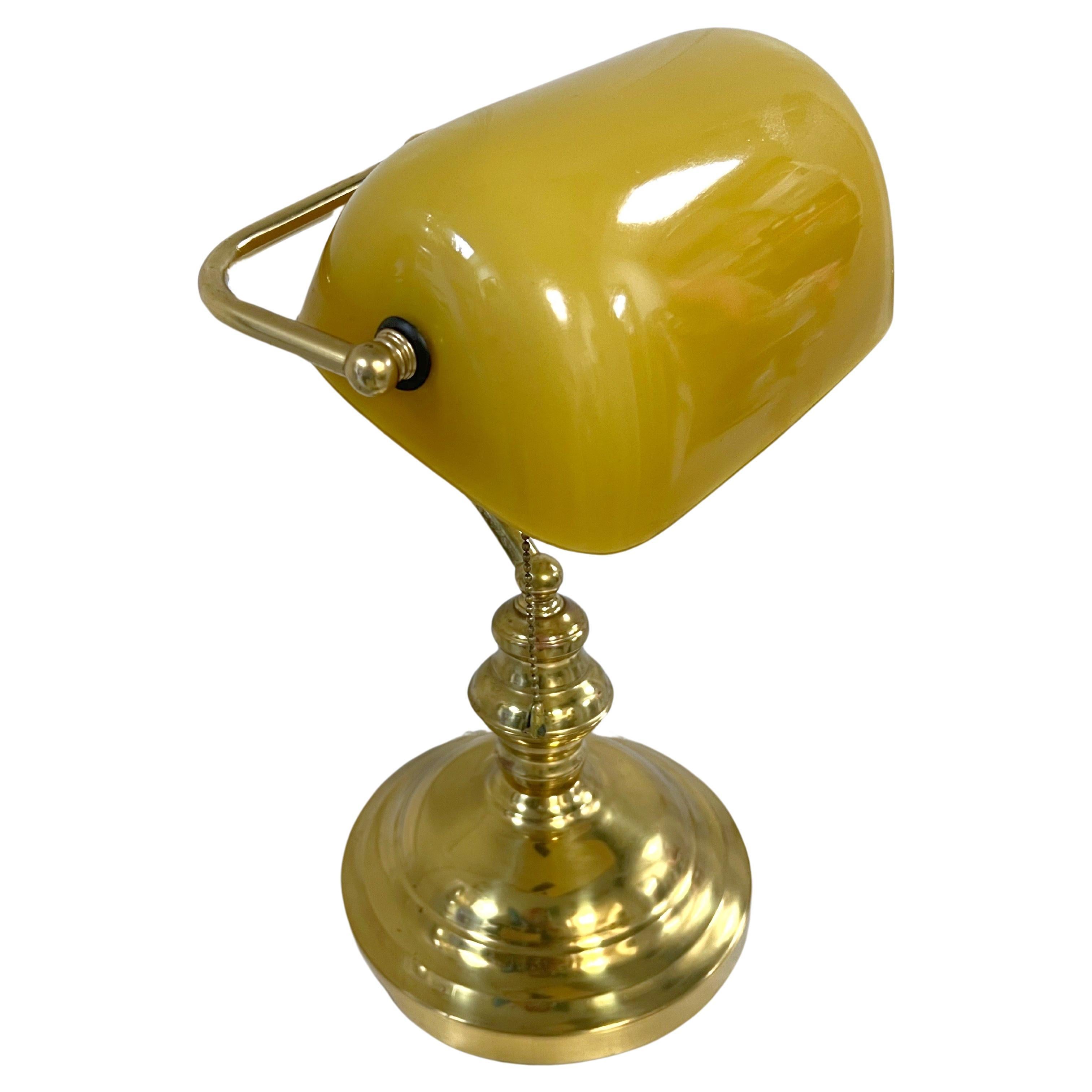 Vintage Yellow Glass and Brass Bankers Lamp