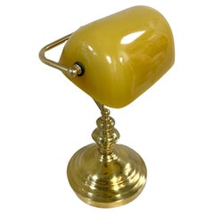 Vintage Yellow Glass and Brass Bankers Lamp