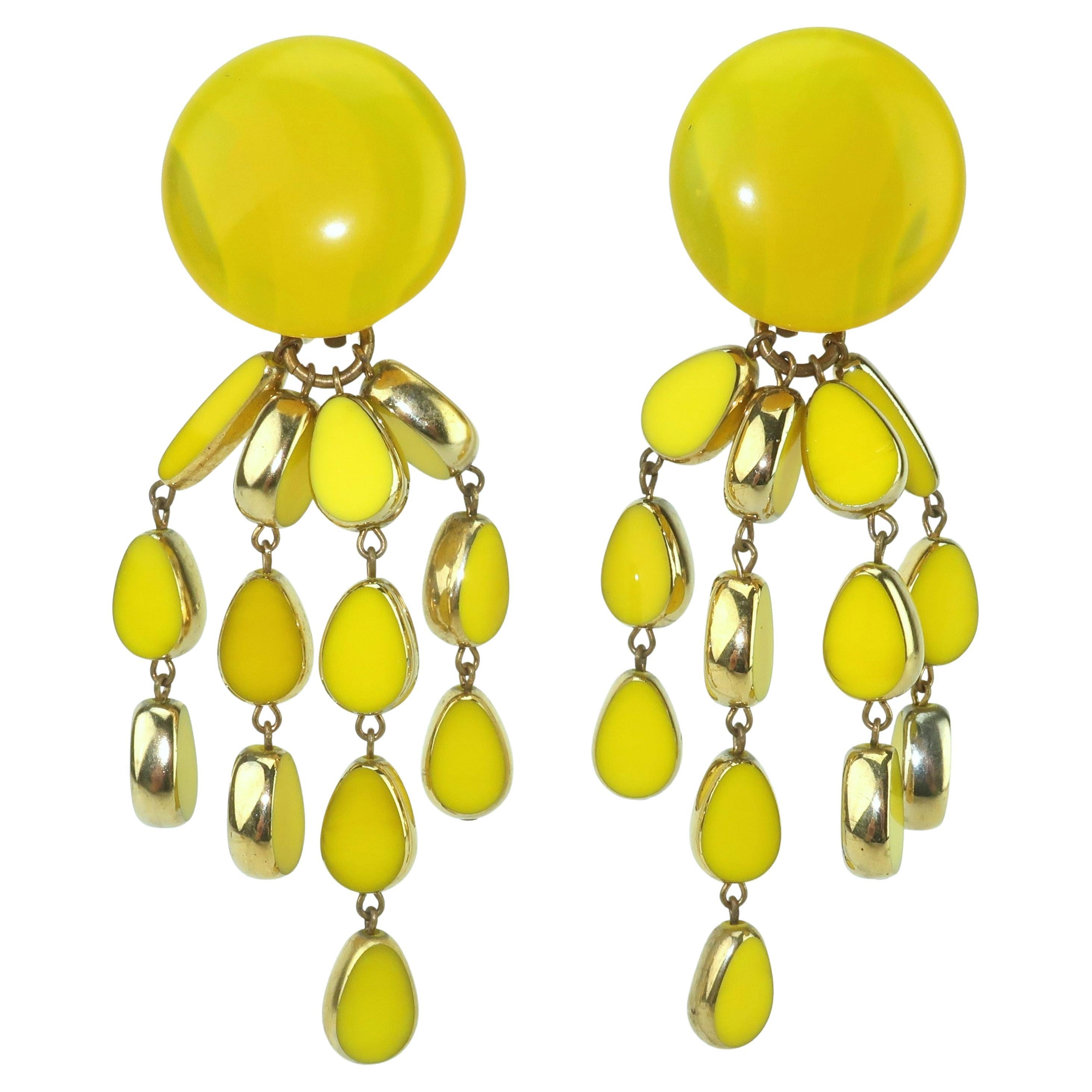 Vintage Yellow Glass Dangle Earrings, 1980
s