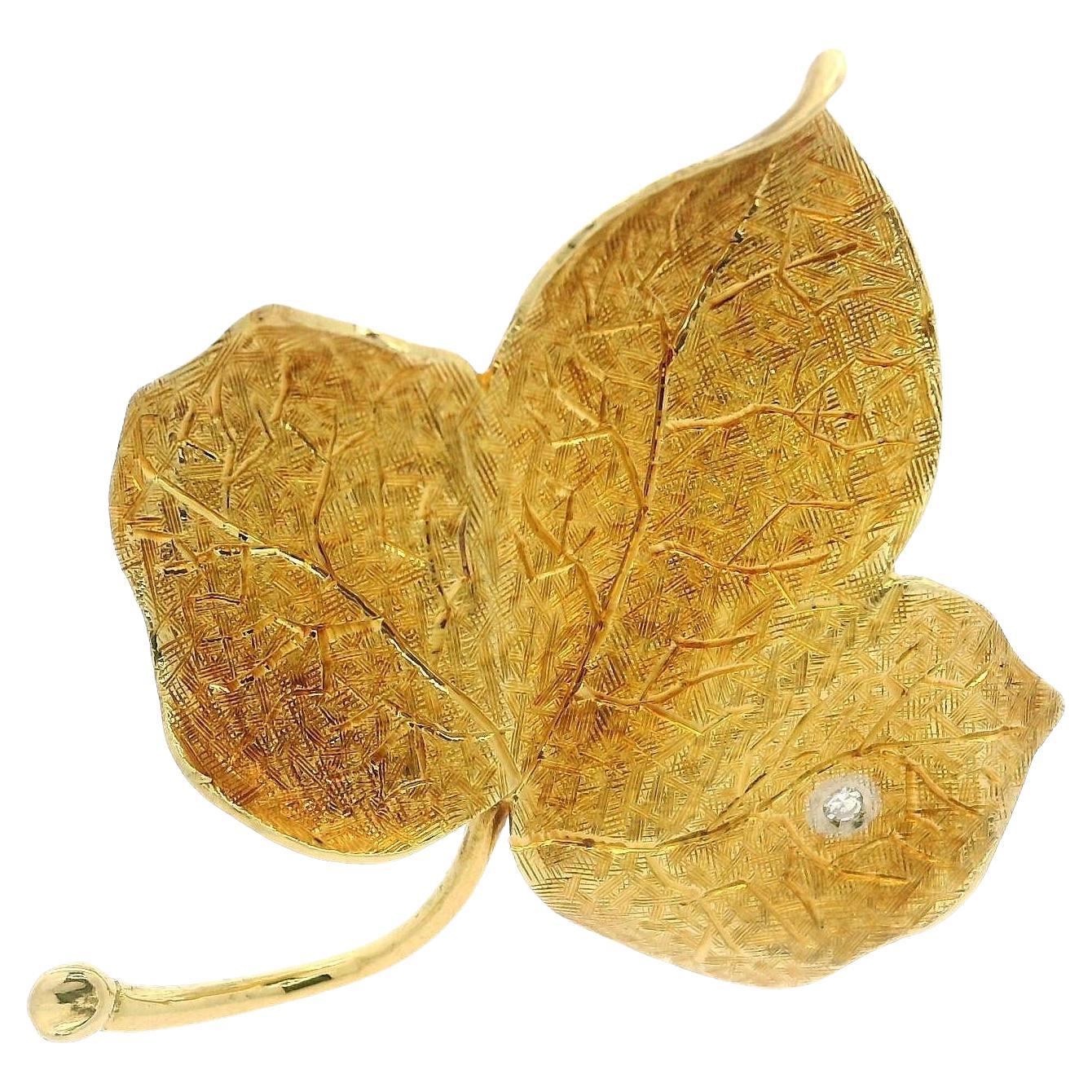 Vintage Gelbgold 0,20ctw Diamant hoch detaillierte Blatt Pin Brosche