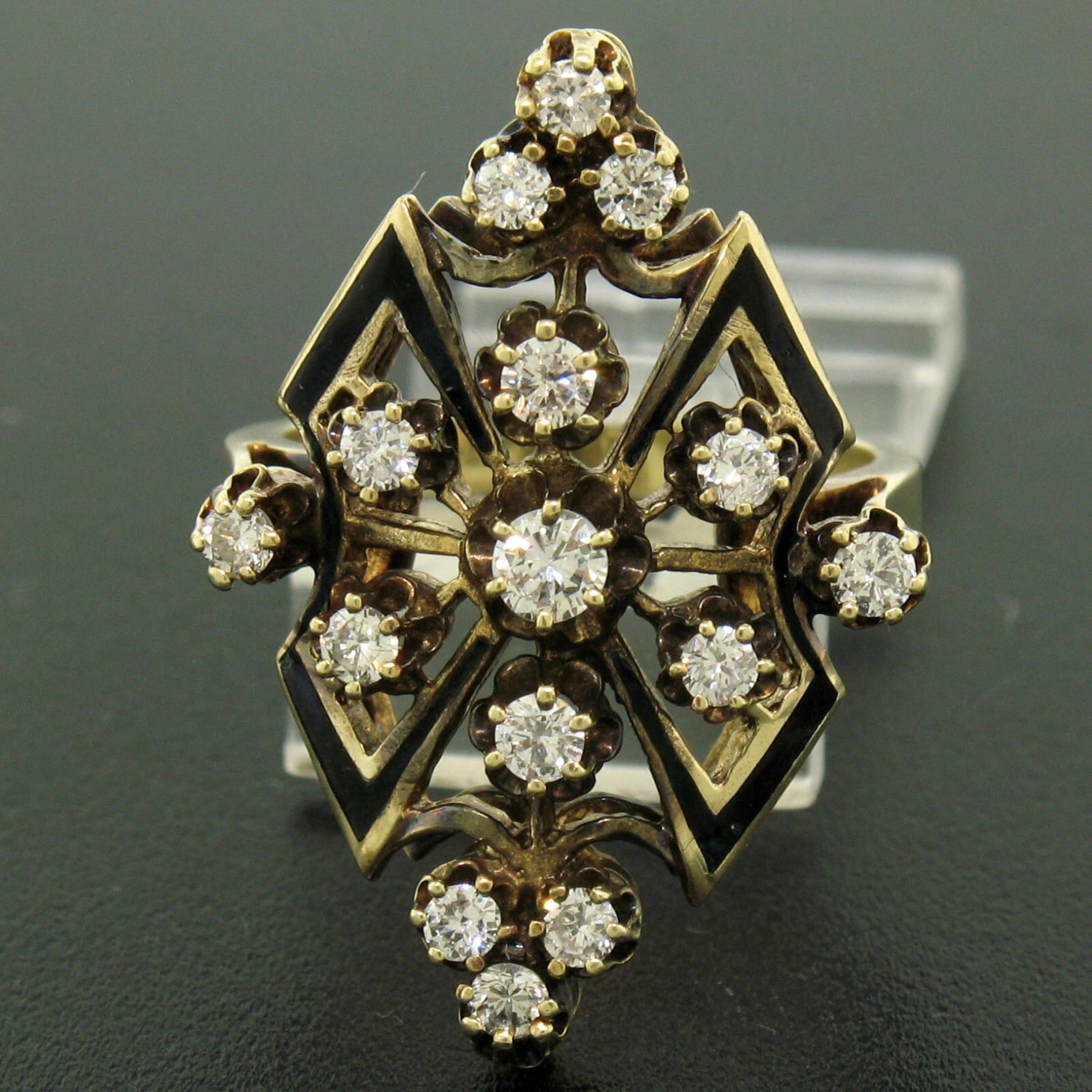 Round Cut Vintage Yellow Gold 0.90ctw Round Diamond Black Enamel Marquise Cocktail Ring For Sale