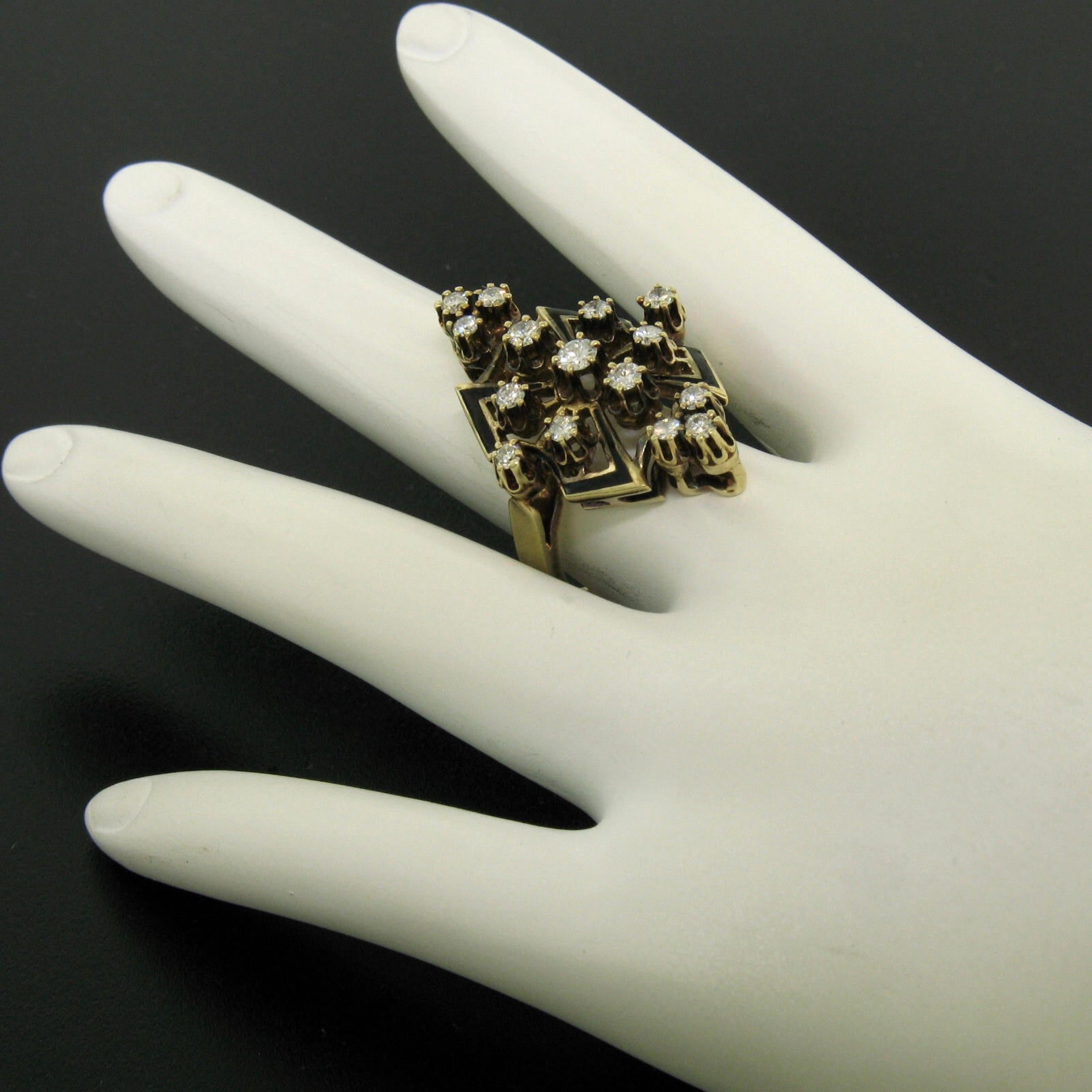 Vintage Yellow Gold 0.90ctw Round Diamond Black Enamel Marquise Cocktail Ring In Excellent Condition For Sale In Montclair, NJ