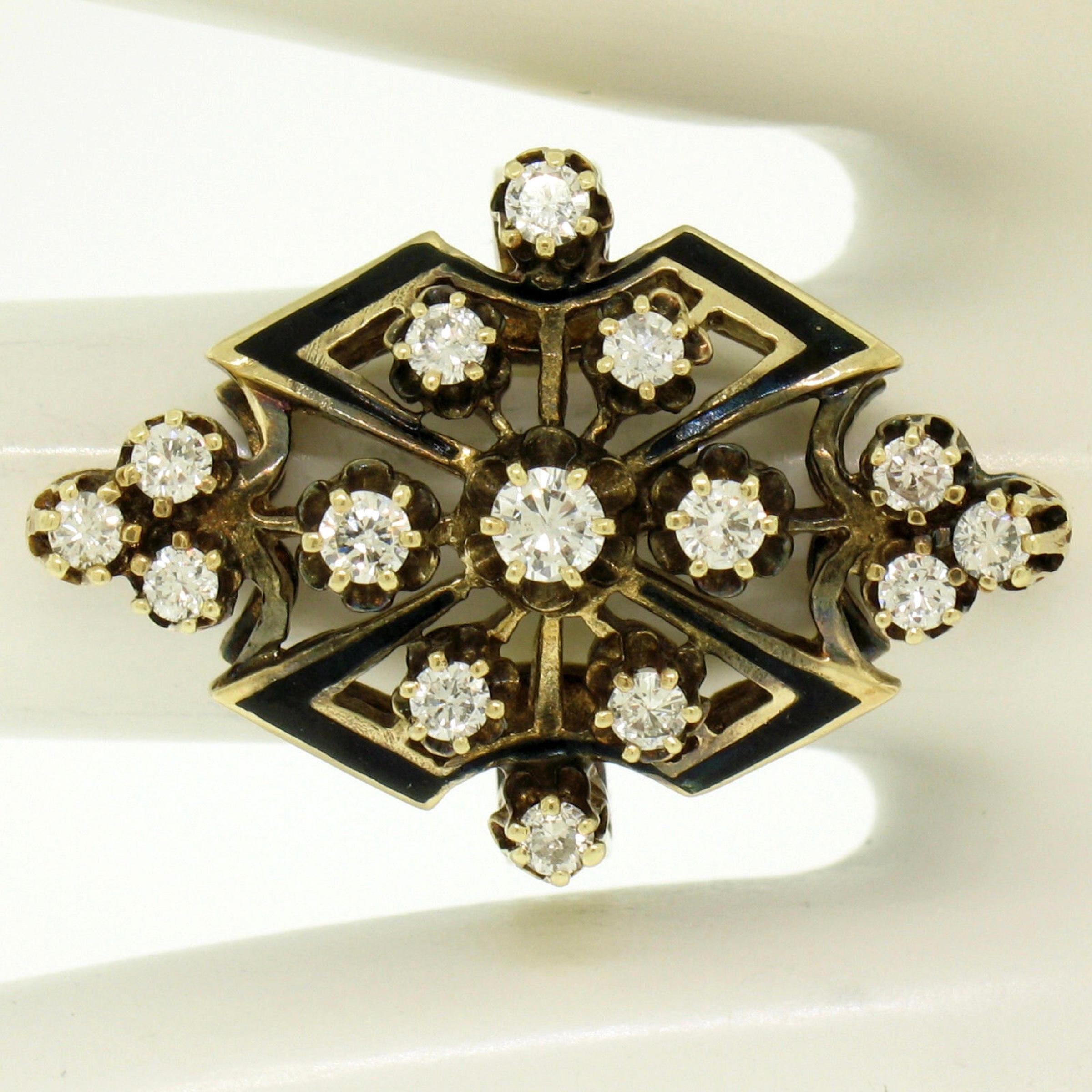 Women's Vintage Yellow Gold 0.90ctw Round Diamond Black Enamel Marquise Cocktail Ring For Sale