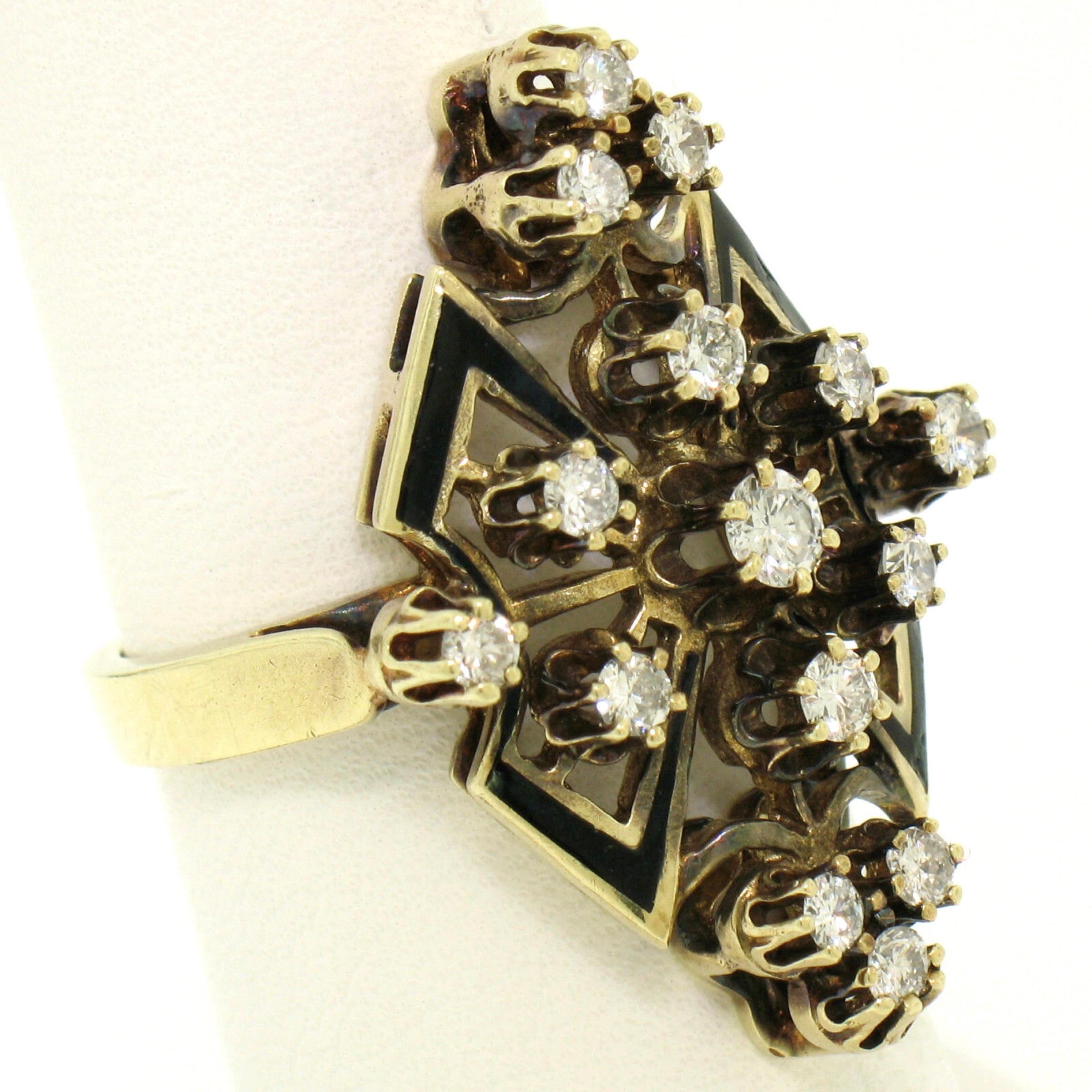 Vintage Yellow Gold 0.90ctw Round Diamond Black Enamel Marquise Cocktail Ring For Sale 2