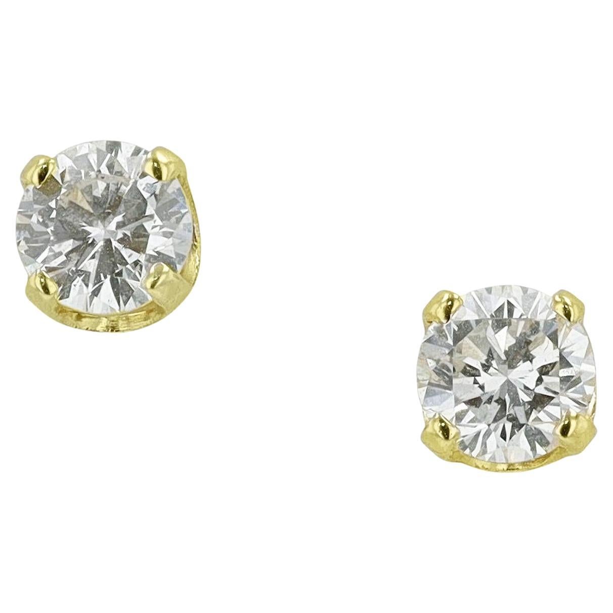 Vintage Yellow Gold 1 Carat Round Diamond Stud Earrings For Sale