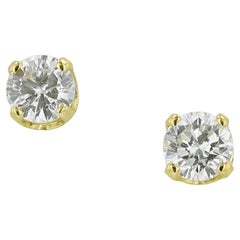 Vintage Yellow Gold 1 Carat Round Diamond Stud Earrings