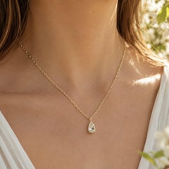Vintage Yellow Gold 1.02ct Old Pear Diamond Solitaire Handmade Chain Necklace