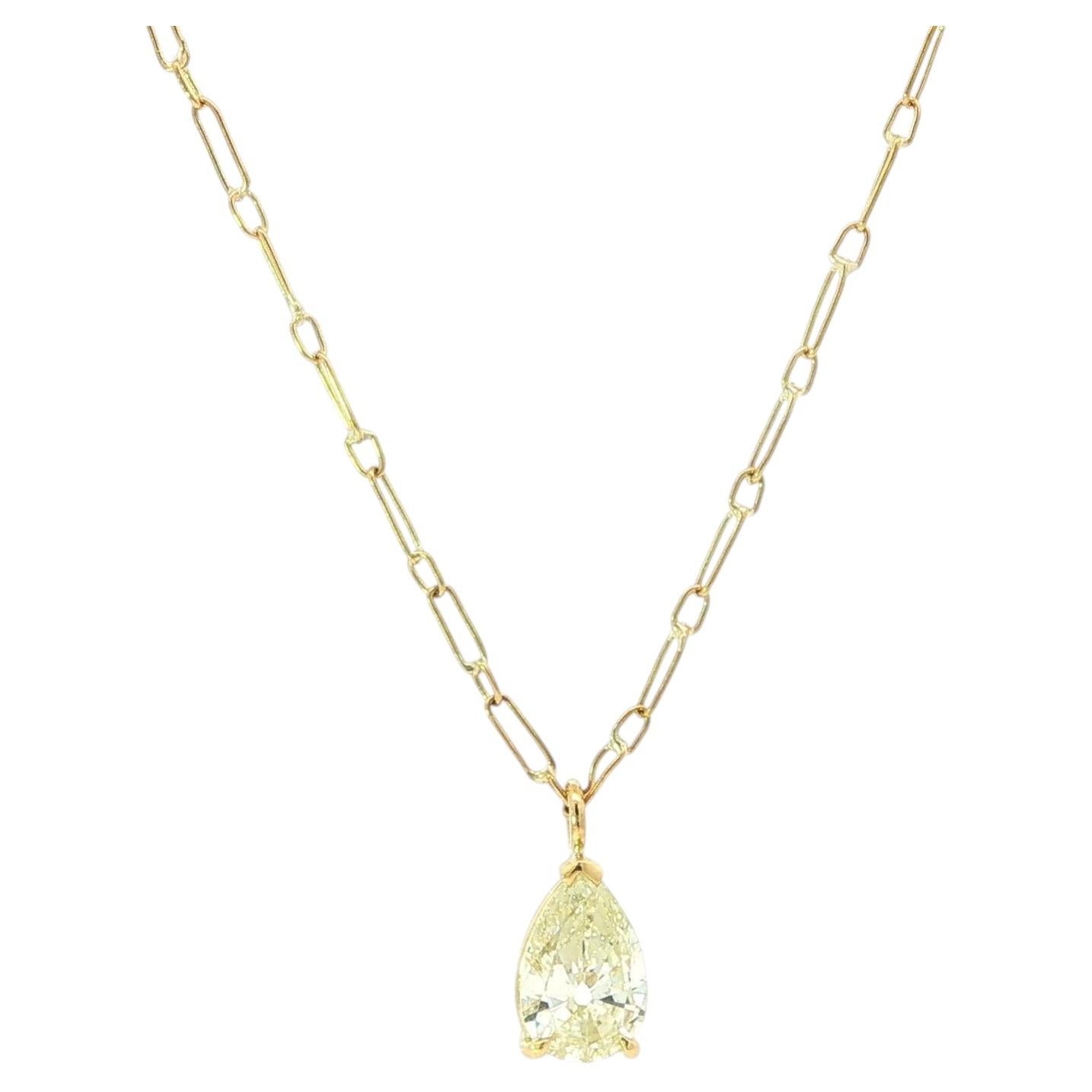 Vintage Yellow Gold 1.02ct Old Pear Diamond Solitaire Handmade Chain Necklace