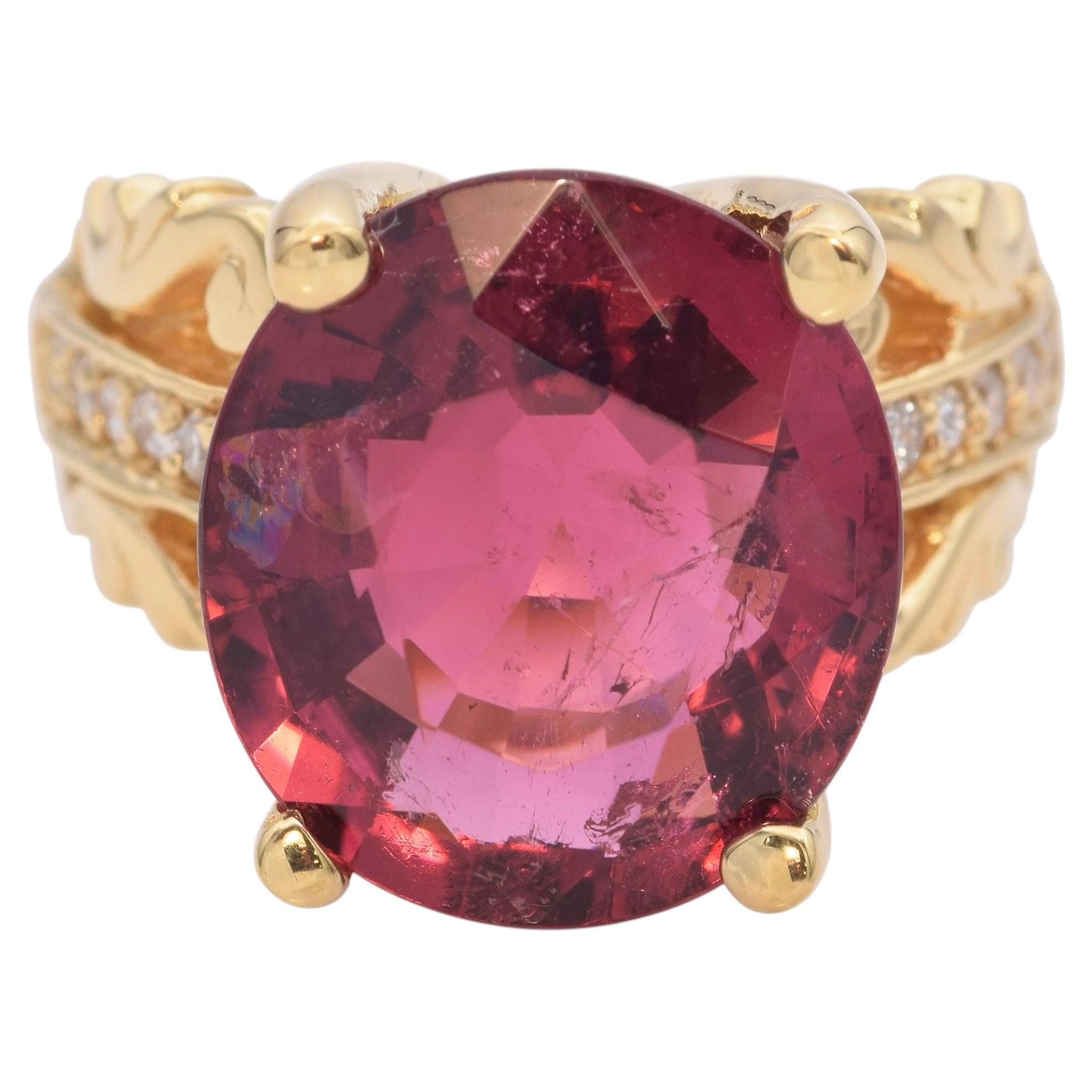 Bague en or jaune vintage 10.51ct Rubellite et diamant