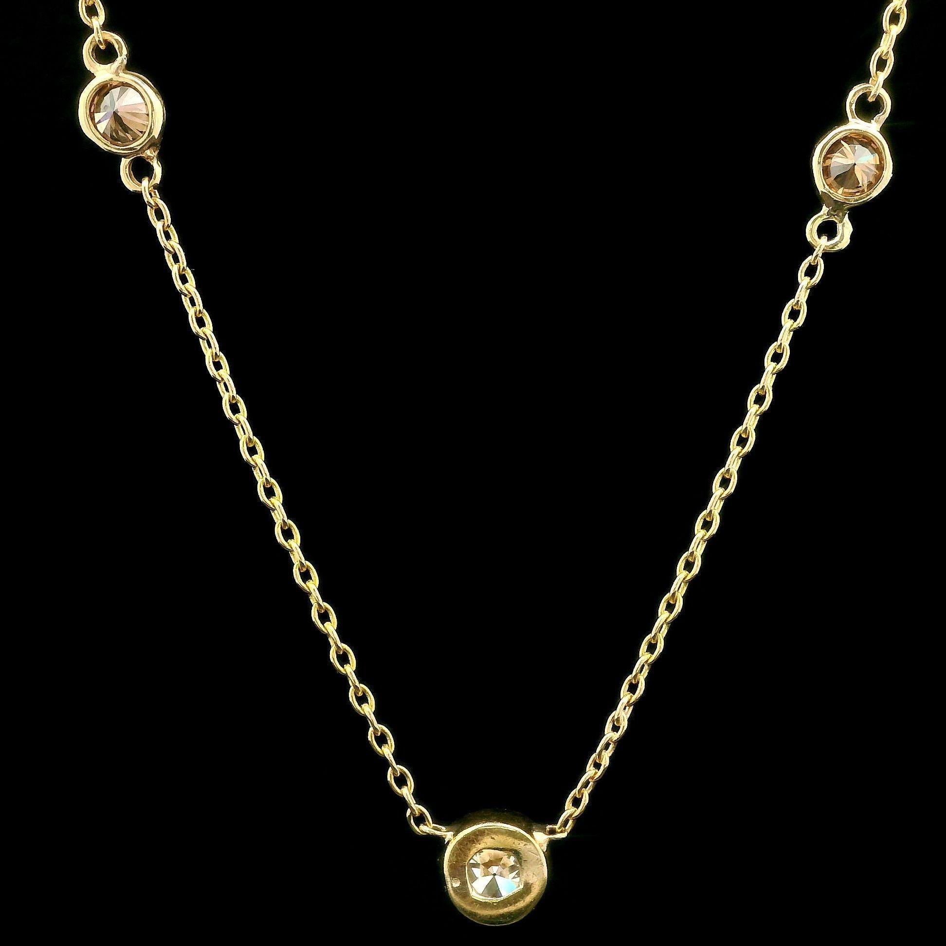Etruscan Revival Vintage Yellow Gold 1.12ctw White & Fancy Brown Diamond Station Necklace For Sale