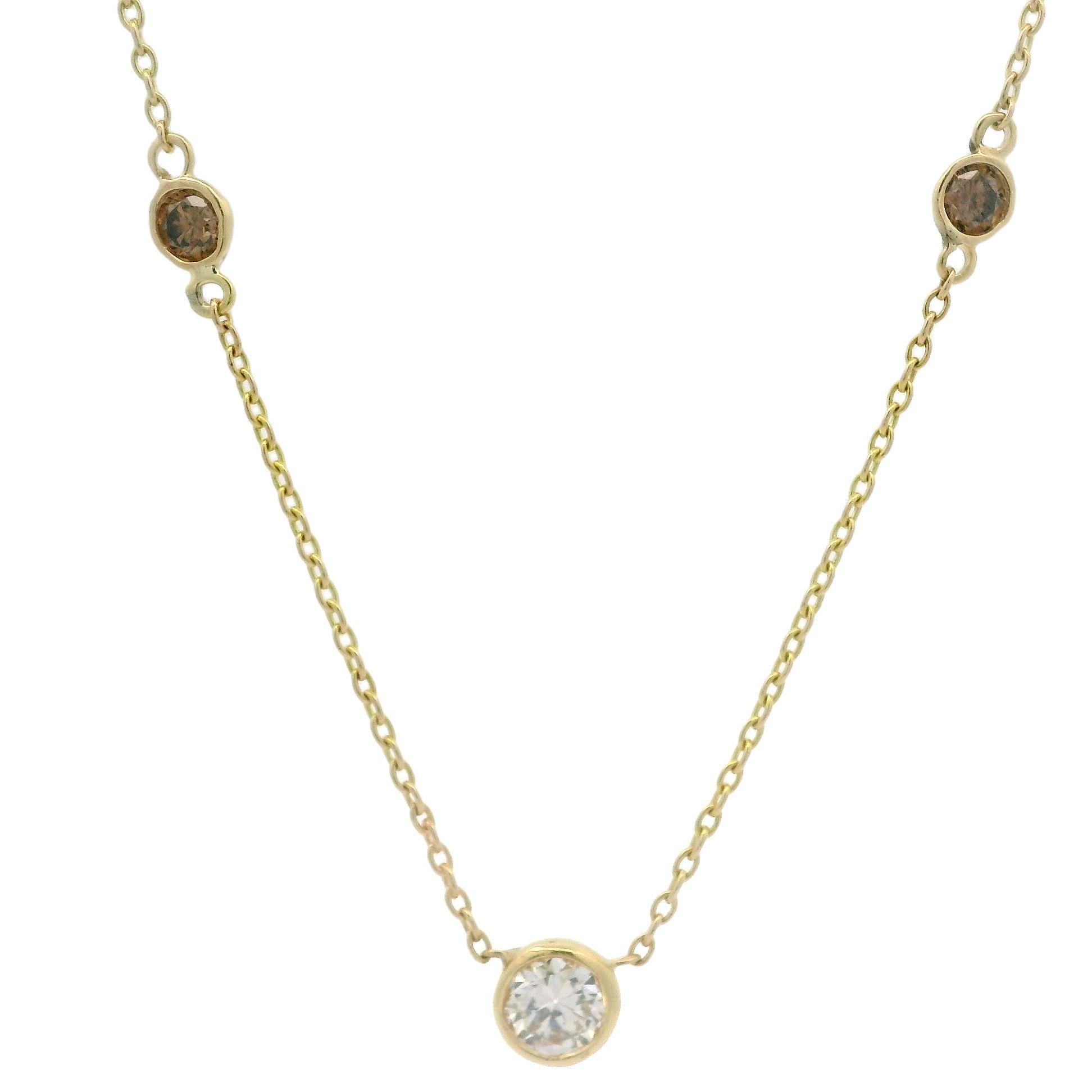 Vintage Yellow Gold 1.12ctw White & Fancy Brown Diamond Station Necklace In Good Condition For Sale In Montclair, NJ