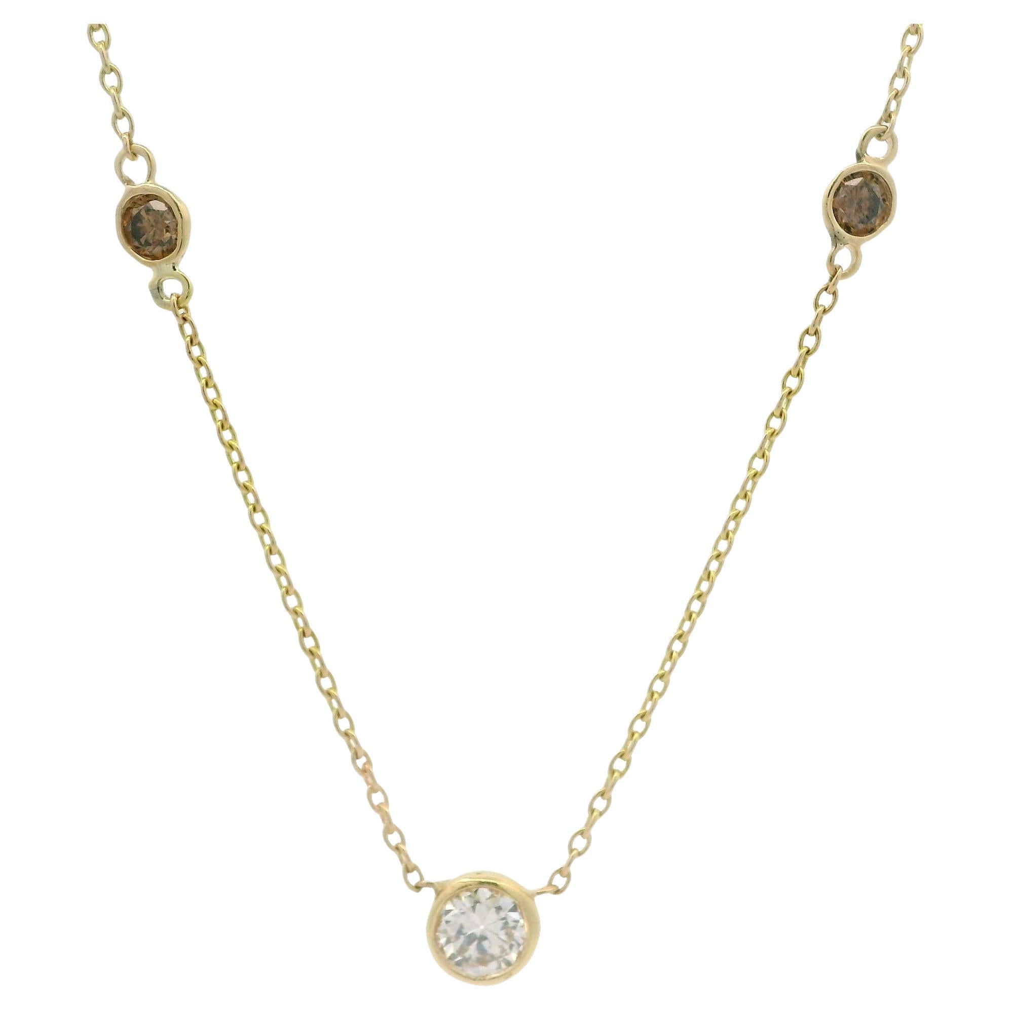 Vintage Yellow Gold 1.12ctw White & Fancy Brown Diamond Station Necklace For Sale
