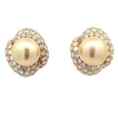 Vintage Yellow Gold 13.2mm Golden Pearl 7.0ctw Diamond Knot Clip On Earrings