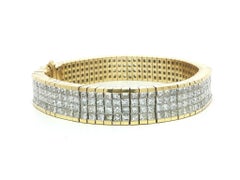 Vintage Yellow Gold 20ctw Princess Cut Diamond 4 Row Wide Strap Tennis Bracelet