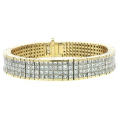 Vintage Yellow Gold 20ctw Princess Cut Diamond 4 Row Wide Strap Tennis Bracelet